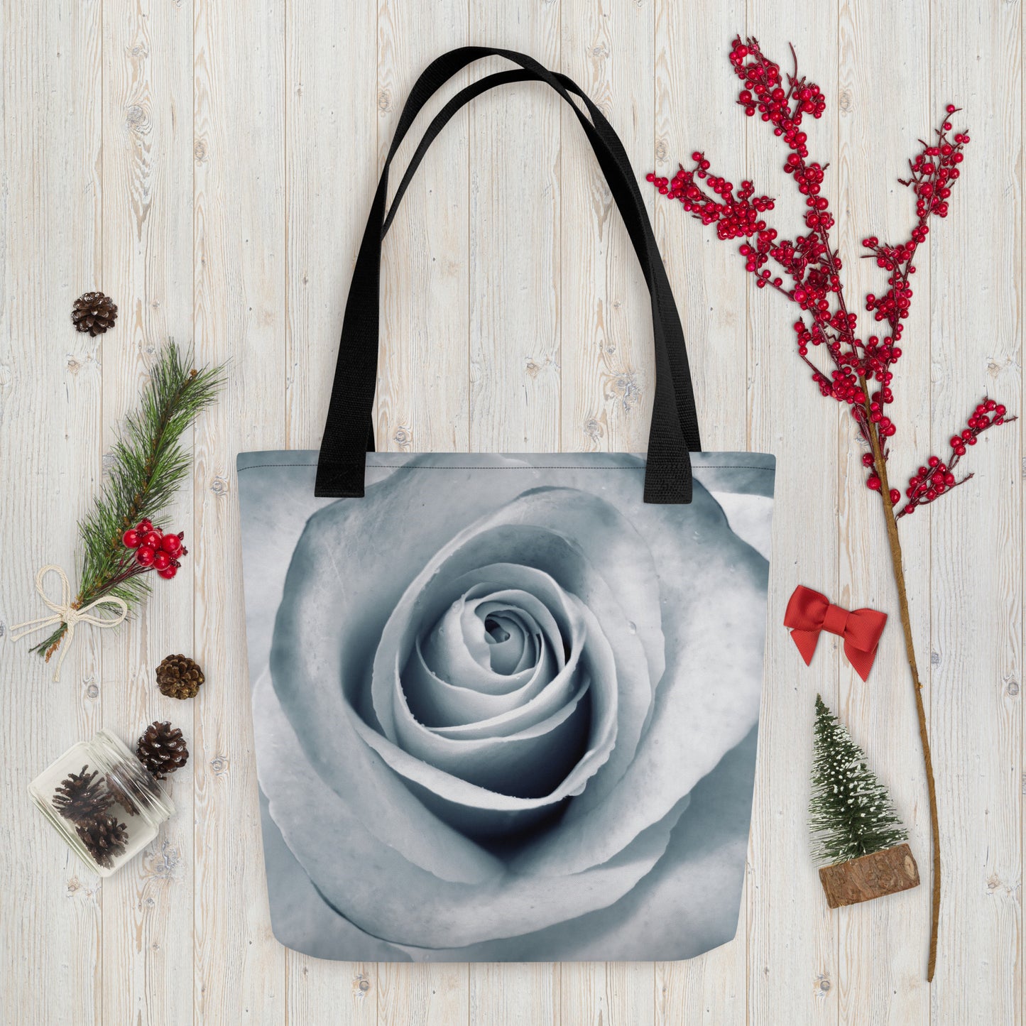 Elegant White Rose Macro Photograph On Fine Art Tote Bag | Perfect Gift For Contemporary Art, Nature, Flower & B&W Photography Lovers