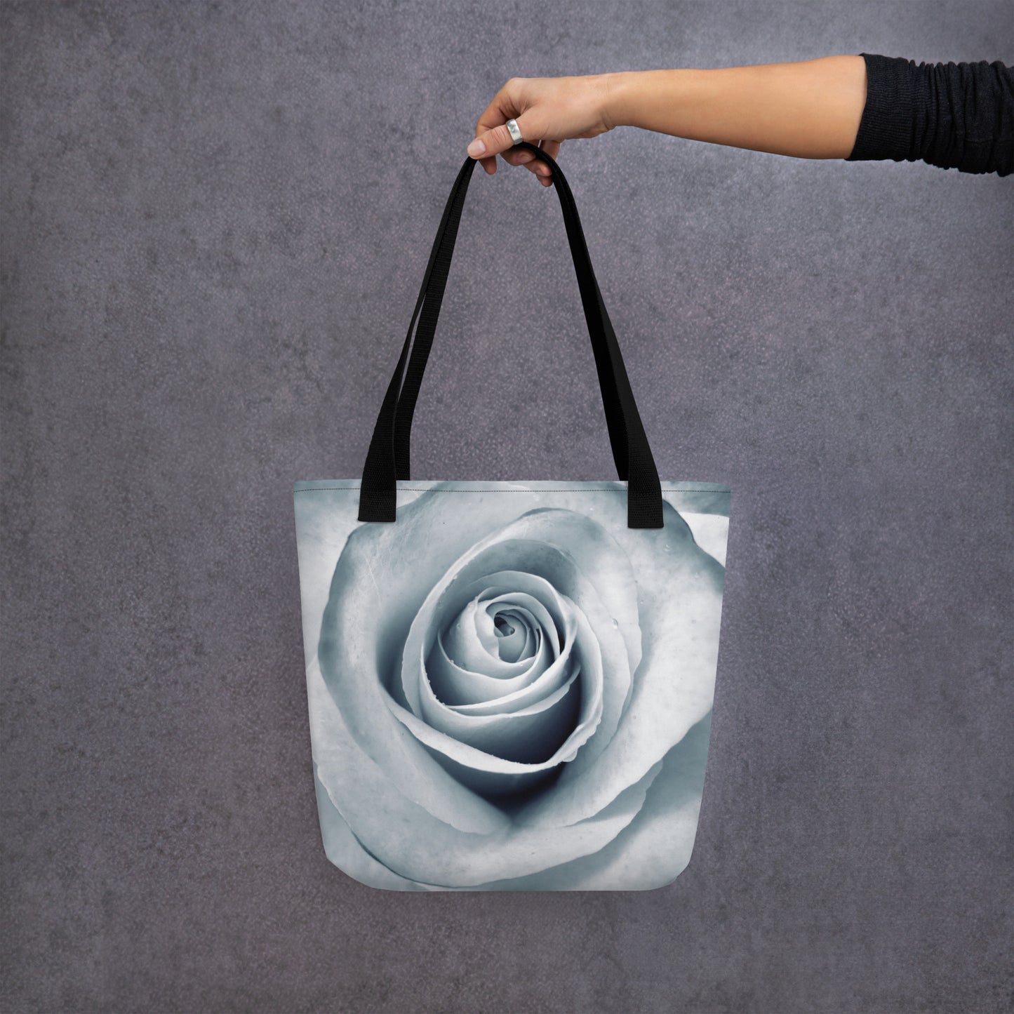 Elegant White Rose Macro Photograph On Fine Art Tote Bag | Perfect Gift For Contemporary Art, Nature, Flower & B&W Photography Lovers