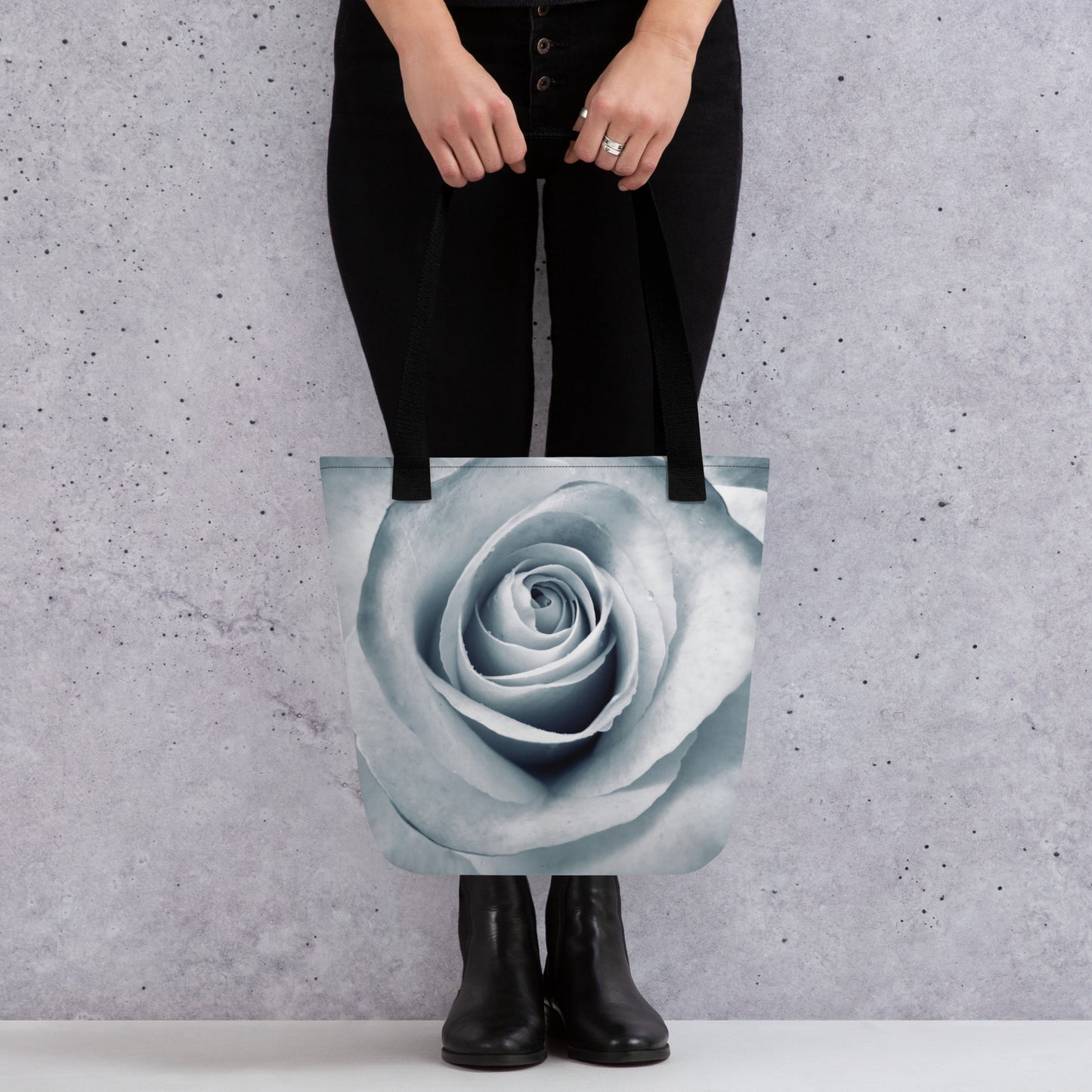 Elegant White Rose Macro Photograph On Fine Art Tote Bag | Perfect Gift For Contemporary Art, Nature, Flower & B&W Photography Lovers