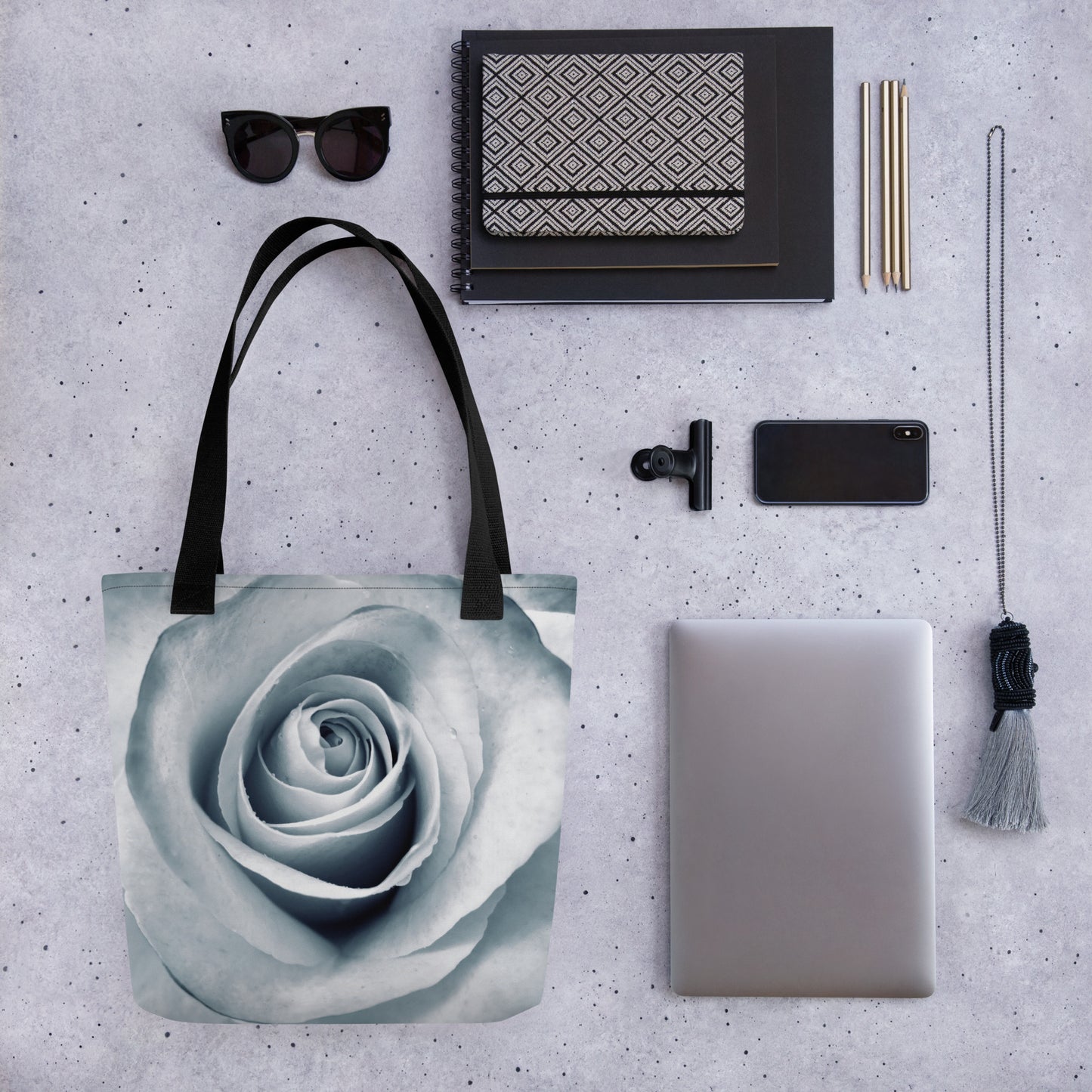 Elegant White Rose Macro Photograph On Fine Art Tote Bag | Perfect Gift For Contemporary Art, Nature, Flower & B&W Photography Lovers