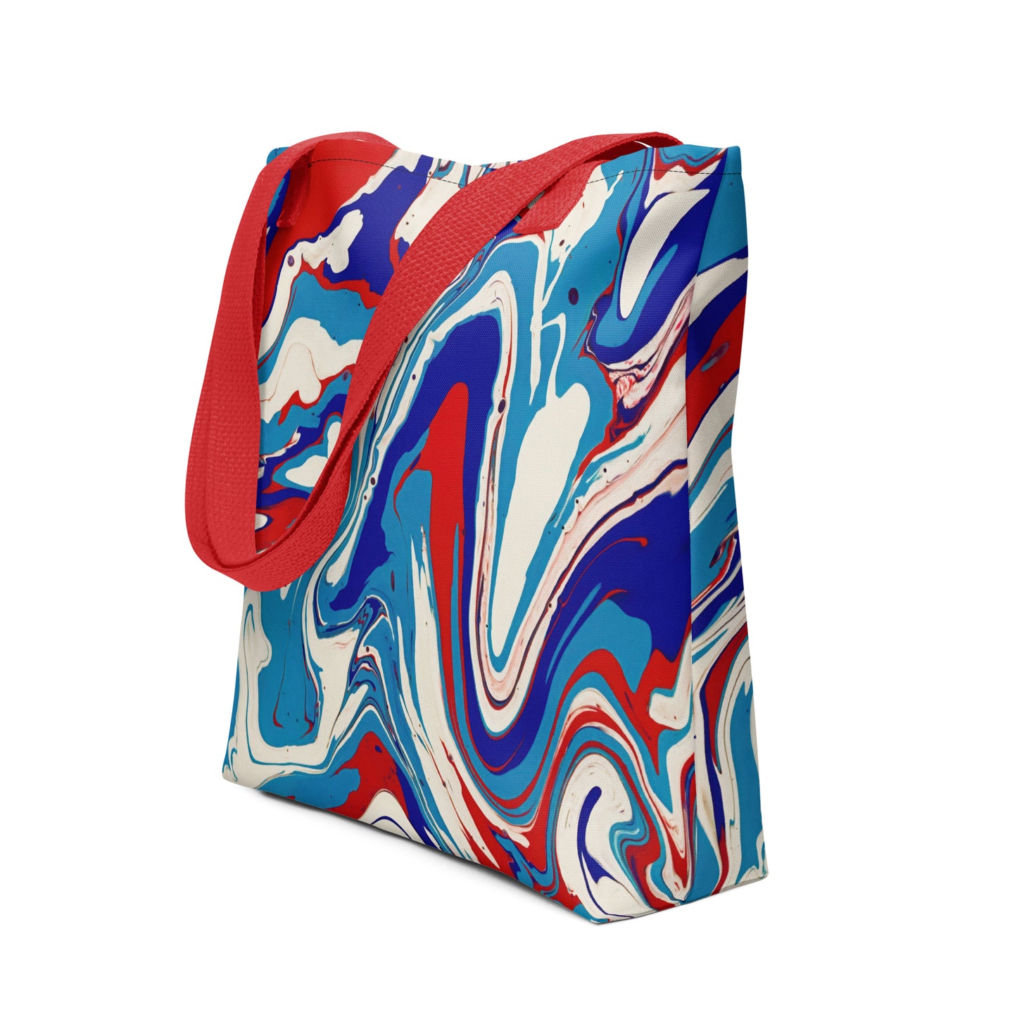 Elegant Durable Tote Bag With Vibrant Red, White, And Blue Acrylic Flow Painting - Stylish Abstract Art Gift For Everyday Use And Shopping