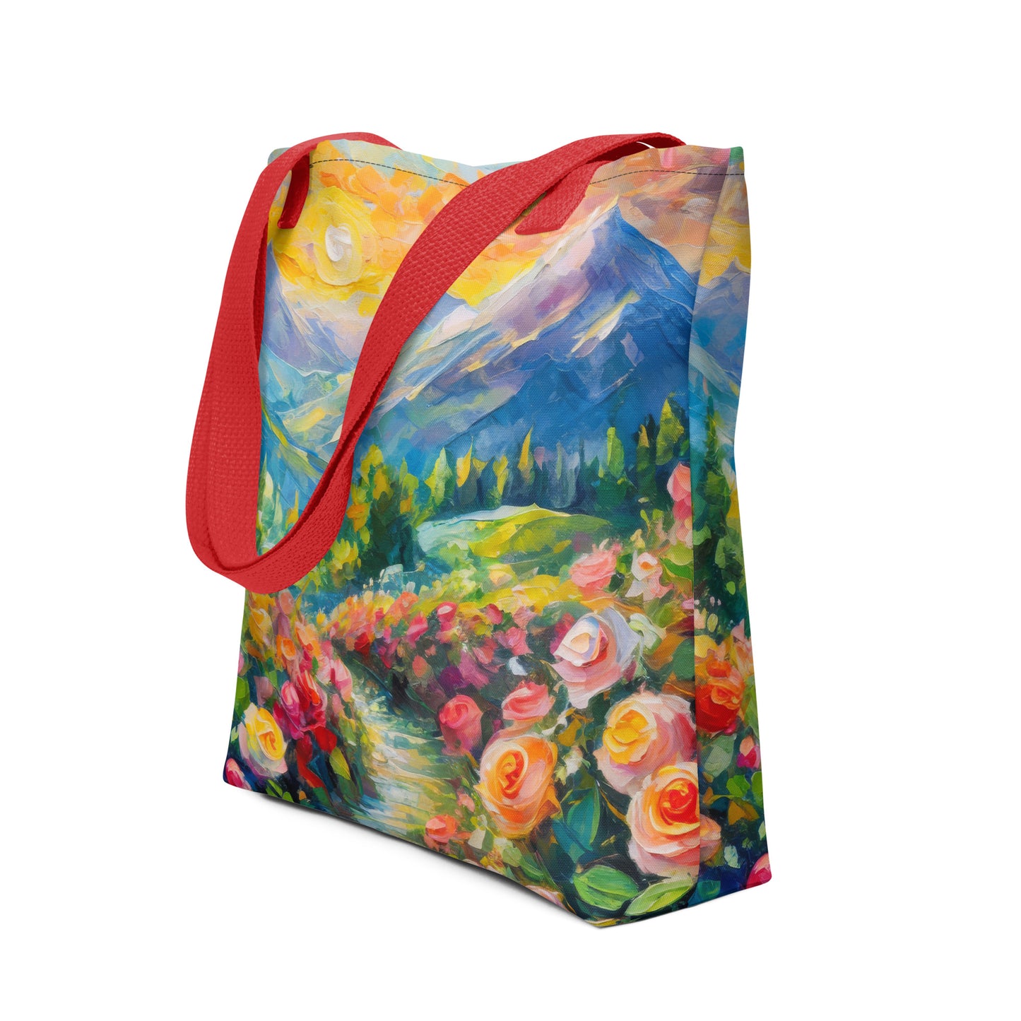 mountains, flowers, roses, sunset, clouds, landscape, scenic, colors, colorful,