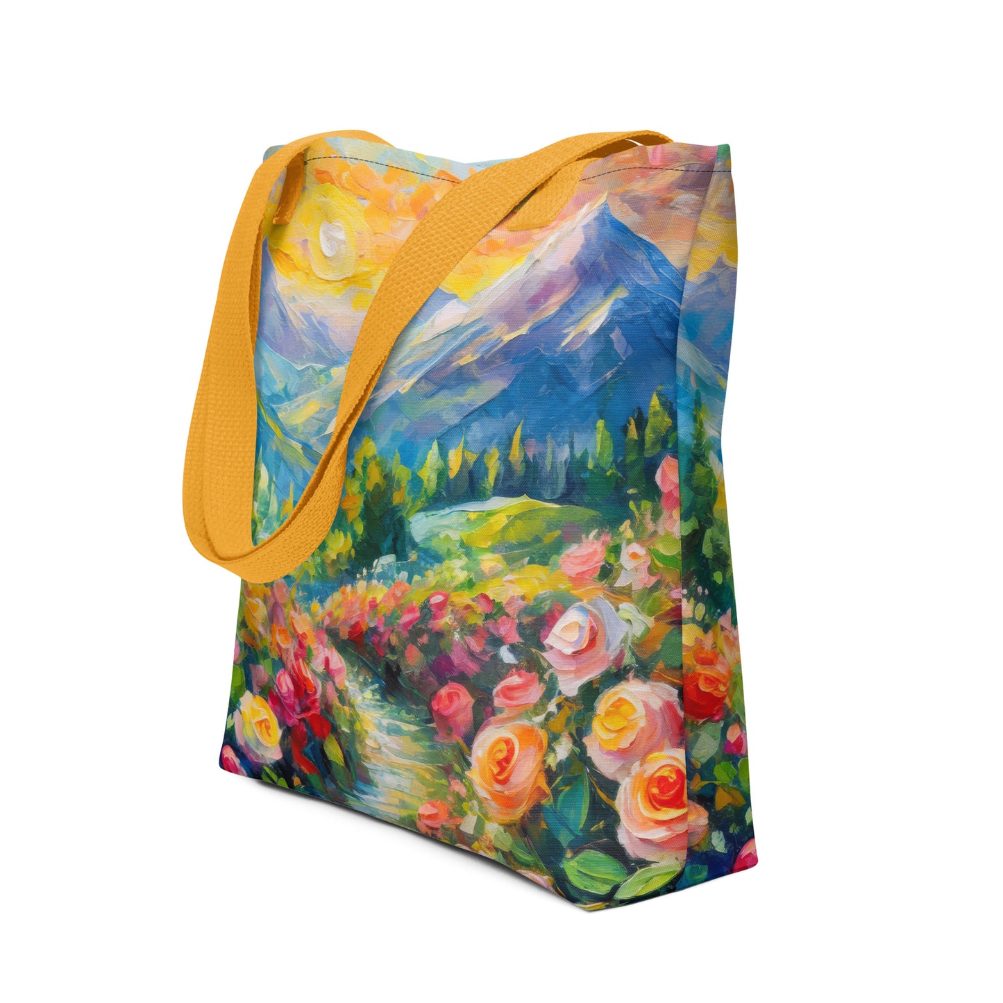 mountains, flowers, roses, sunset, clouds, landscape, scenic, colors, colorful,