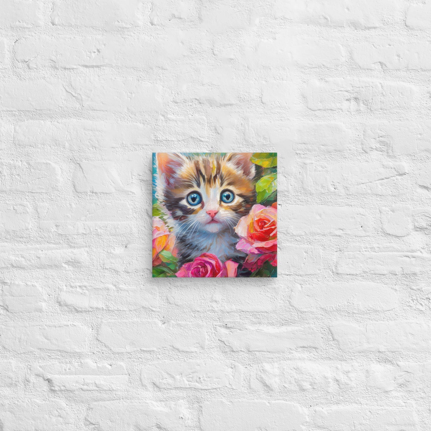 Adorable Kitten An Rose Bush Oil Painting Canvas - Perfect For Home, Bedroom, Office Decor & Gift For Kids, Nature, Cat, And Flower Lovers