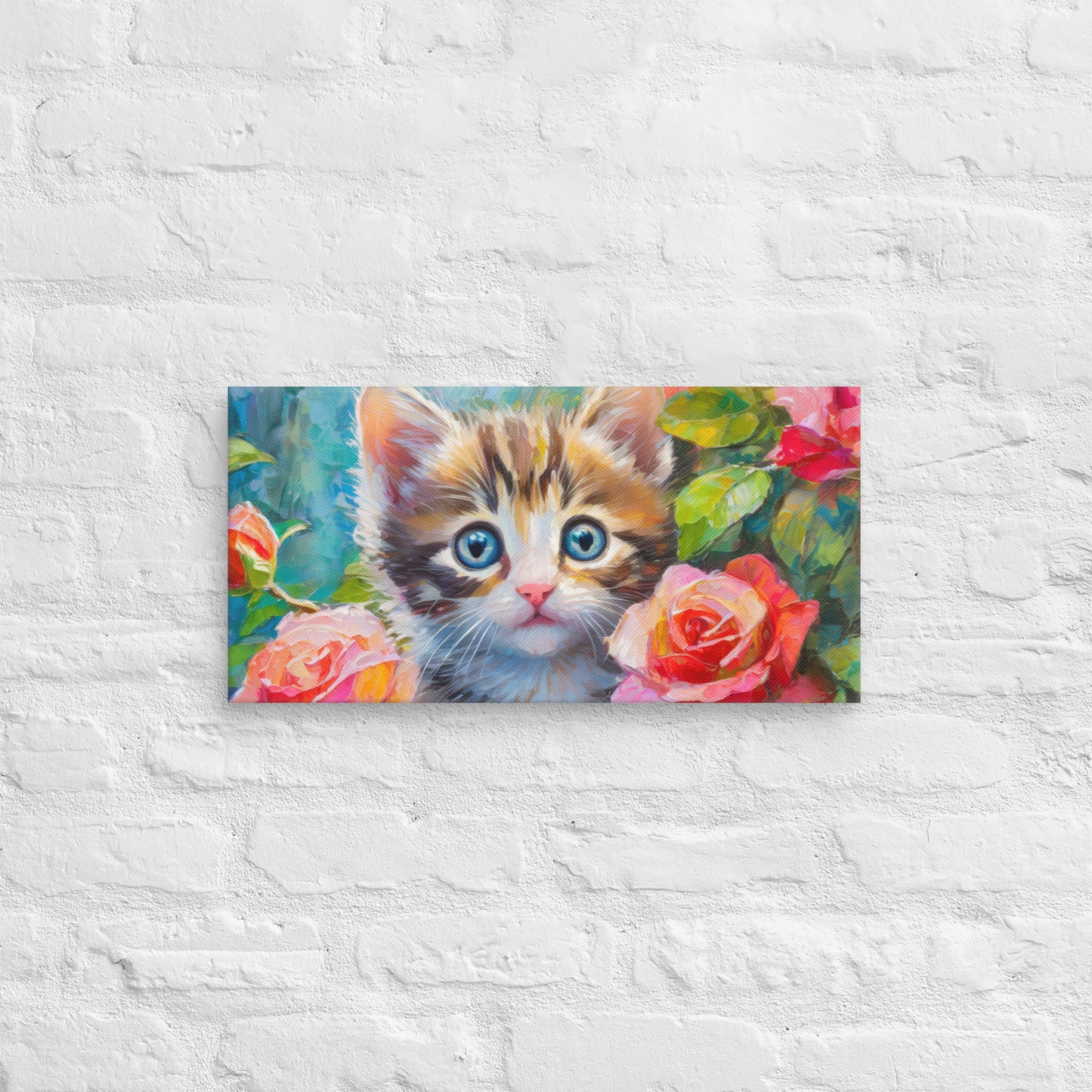 Adorable Kitten An Rose Bush Oil Painting Canvas - Perfect For Home, Bedroom, Office Decor & Gift For Kids, Nature, Cat, And Flower Lovers