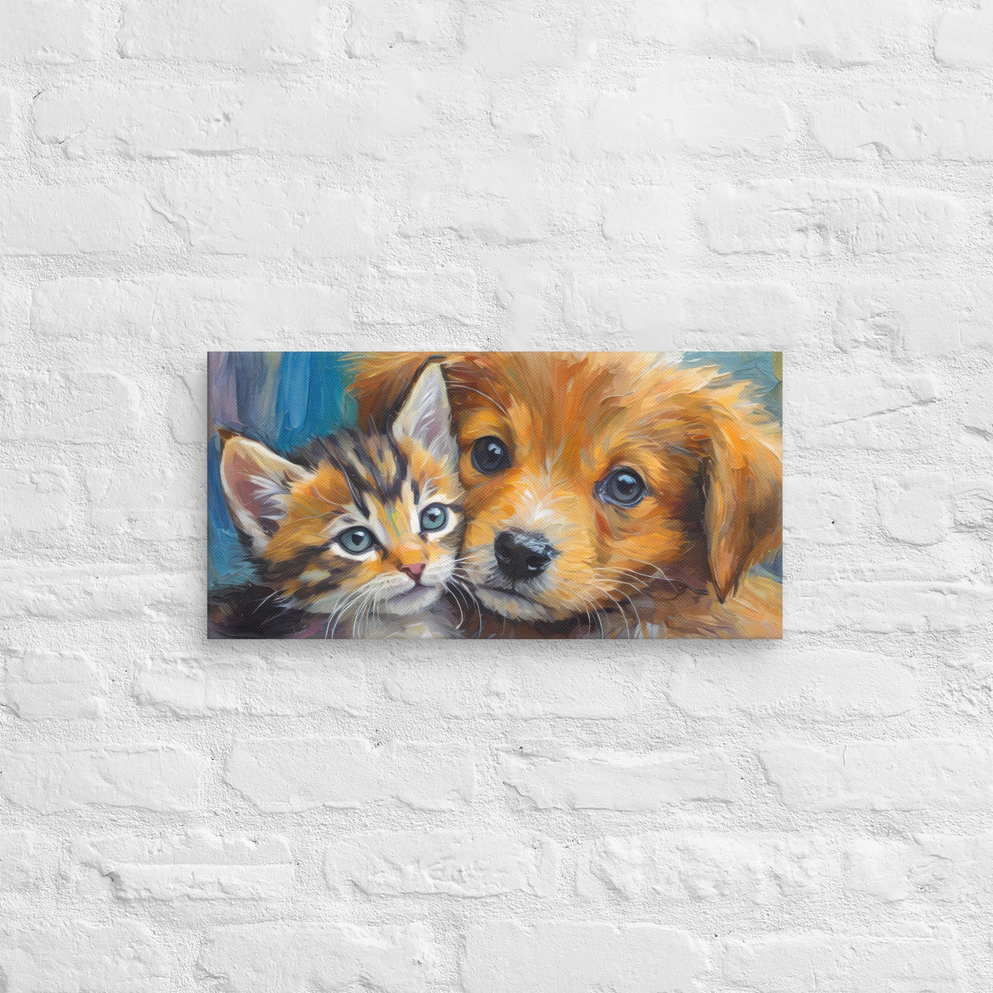 Vibrant Kitten And Puppy Cuddling Oil Painting – Colorful Fine Art Canvas – Perfect Decor Gift For Kids, Pet Lovers, Dog & Cat Enthusiasts