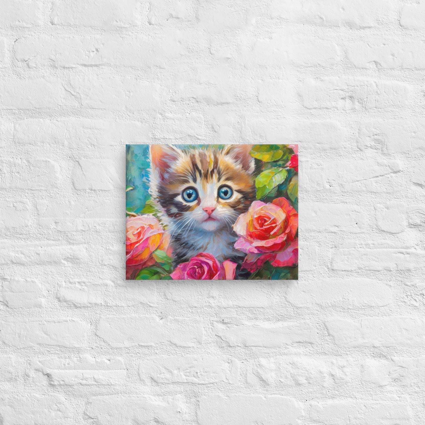 Adorable Kitten An Rose Bush Oil Painting Canvas - Perfect For Home, Bedroom, Office Decor & Gift For Kids, Nature, Cat, And Flower Lovers