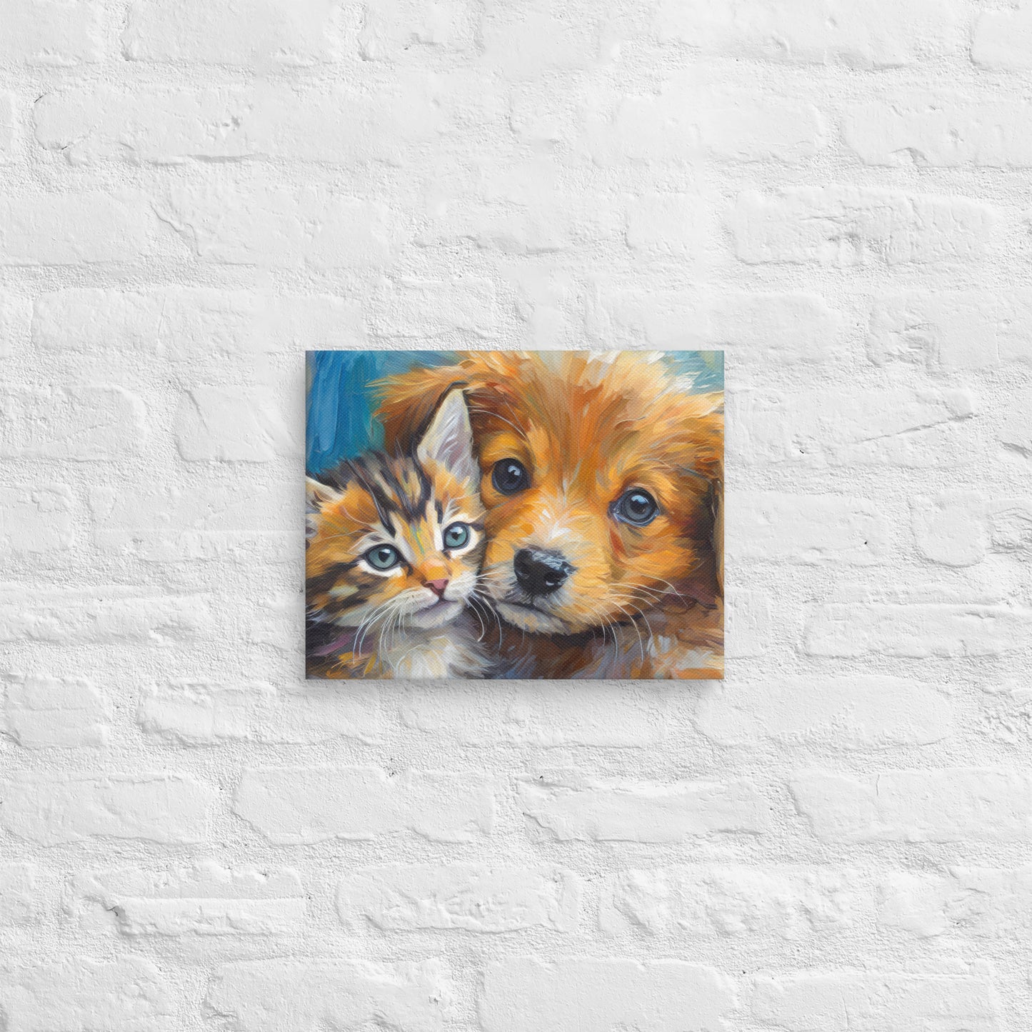Vibrant Kitten And Puppy Cuddling Oil Painting – Colorful Fine Art Canvas – Perfect Decor Gift For Kids, Pet Lovers, Dog & Cat Enthusiasts