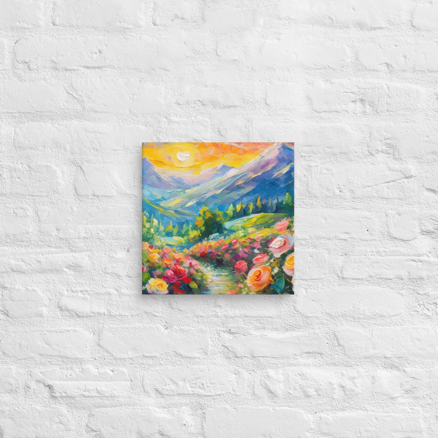 Majestic Mountain Range At Sunset Oil Painting Canvas - Vibrant Roses, Grassy Path, Home & Country Wall Decor - Perfect For Nature Lovers