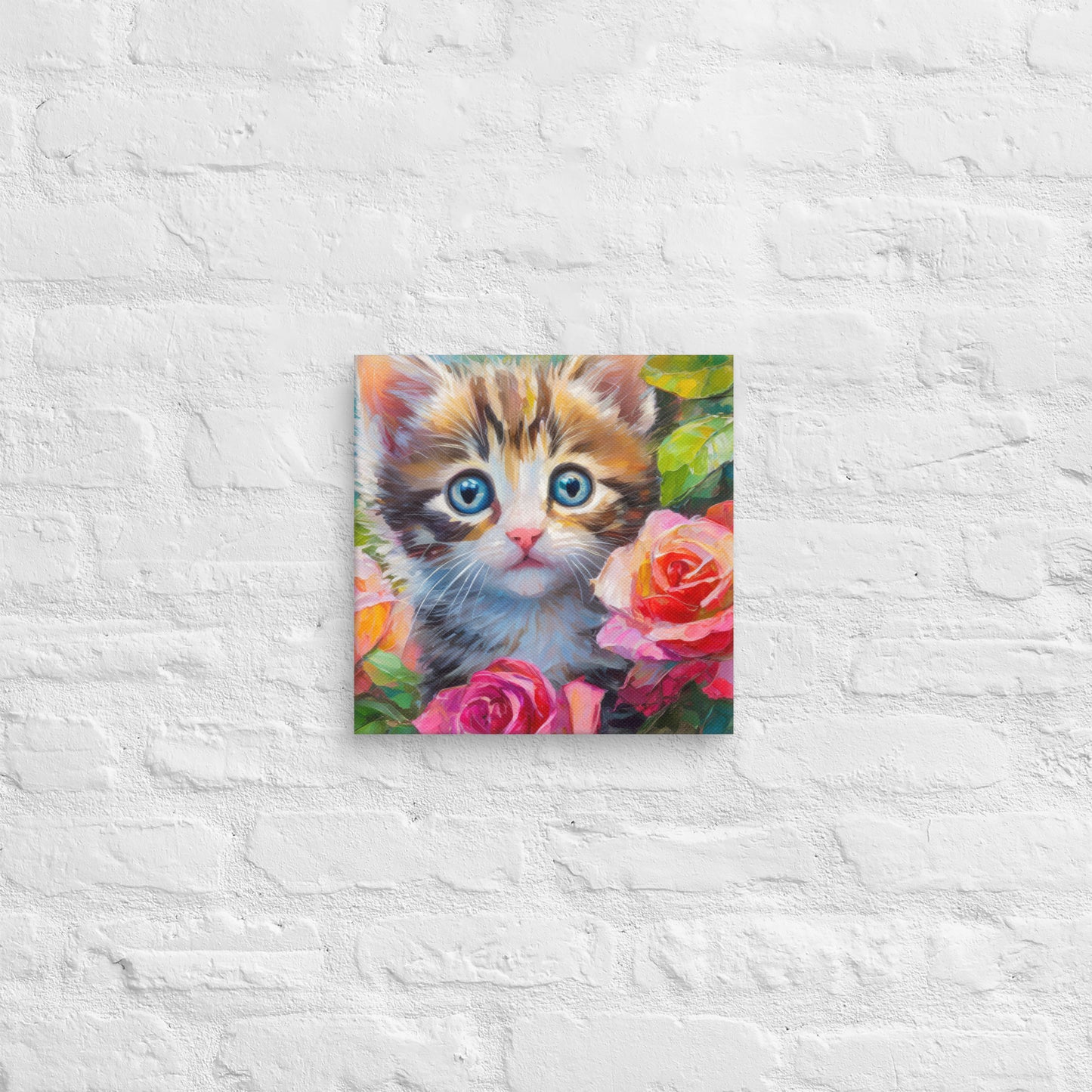 Adorable Kitten An Rose Bush Oil Painting Canvas - Perfect For Home, Bedroom, Office Decor & Gift For Kids, Nature, Cat, And Flower Lovers