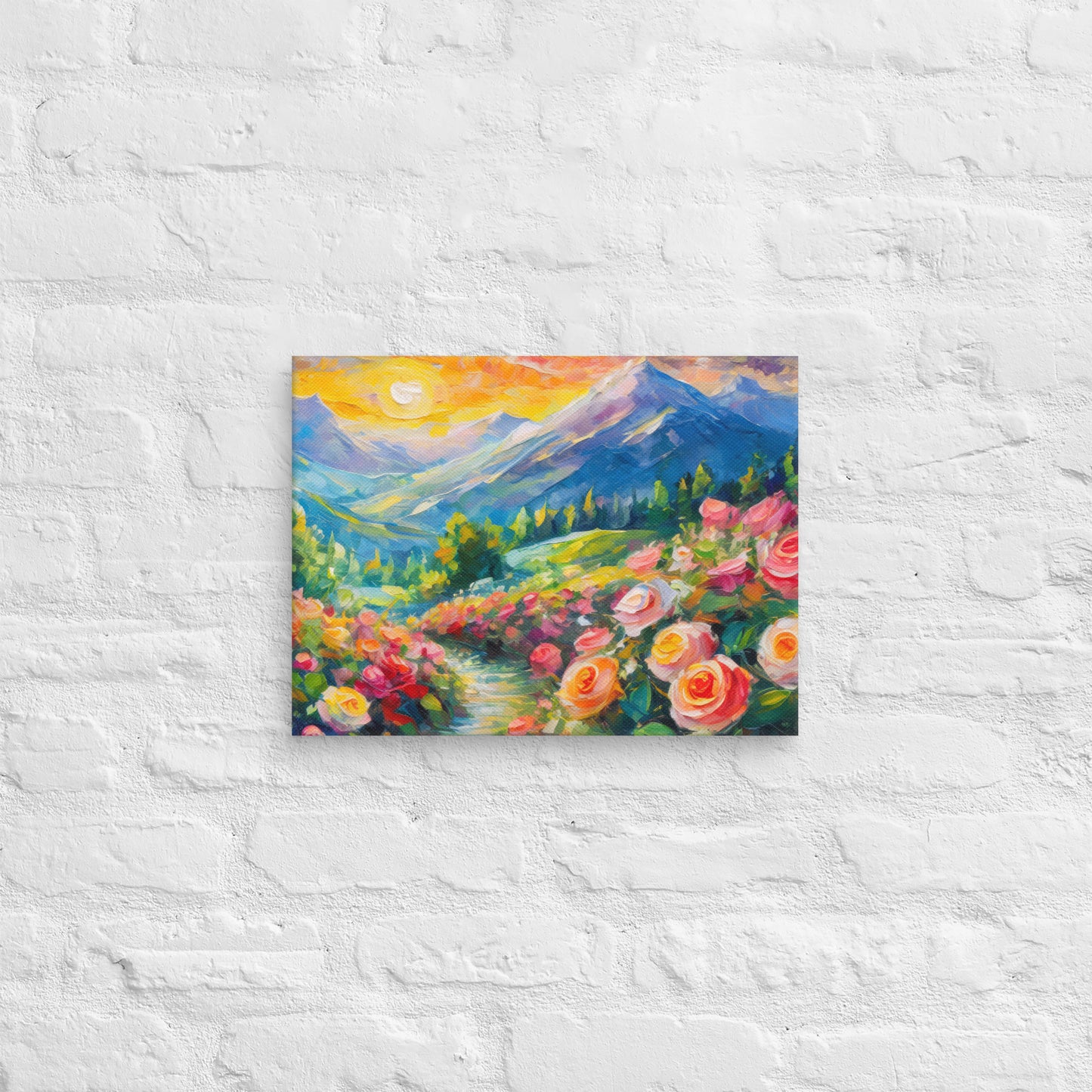 Majestic Mountain Range At Sunset Oil Painting Canvas - Vibrant Roses, Grassy Path, Home & Country Wall Decor - Perfect For Nature Lovers