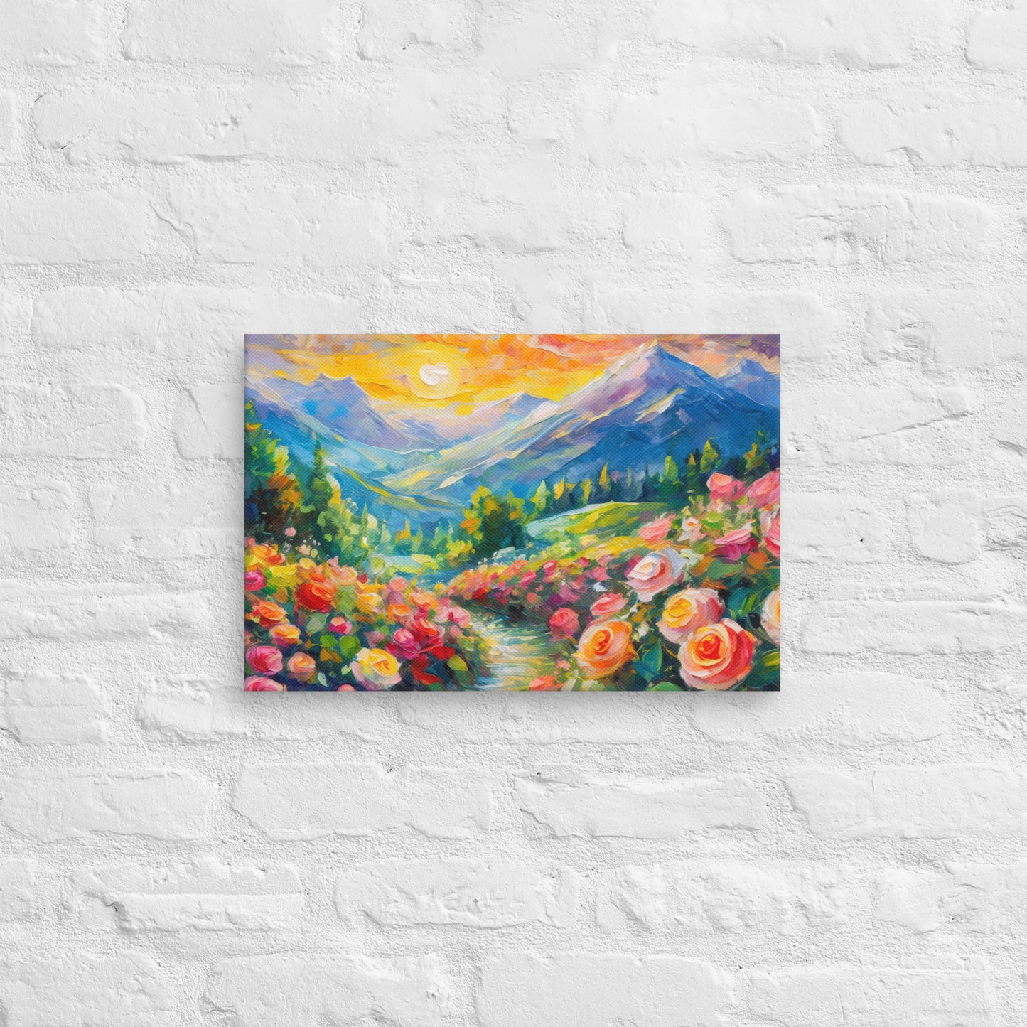 Majestic Mountain Range At Sunset Oil Painting Canvas - Vibrant Roses, Grassy Path, Home & Country Wall Decor - Perfect For Nature Lovers