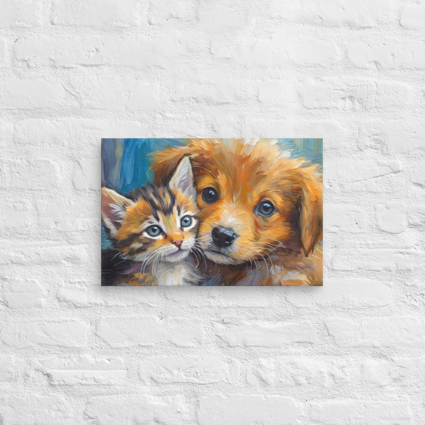 Vibrant Kitten And Puppy Cuddling Oil Painting – Colorful Fine Art Canvas – Perfect Decor Gift For Kids, Pet Lovers, Dog & Cat Enthusiasts