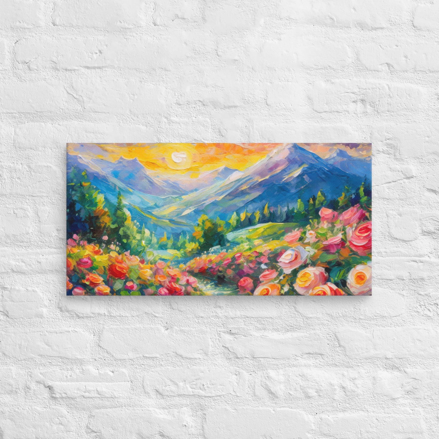 Majestic Mountain Range At Sunset Oil Painting Canvas - Vibrant Roses, Grassy Path, Home & Country Wall Decor - Perfect For Nature Lovers
