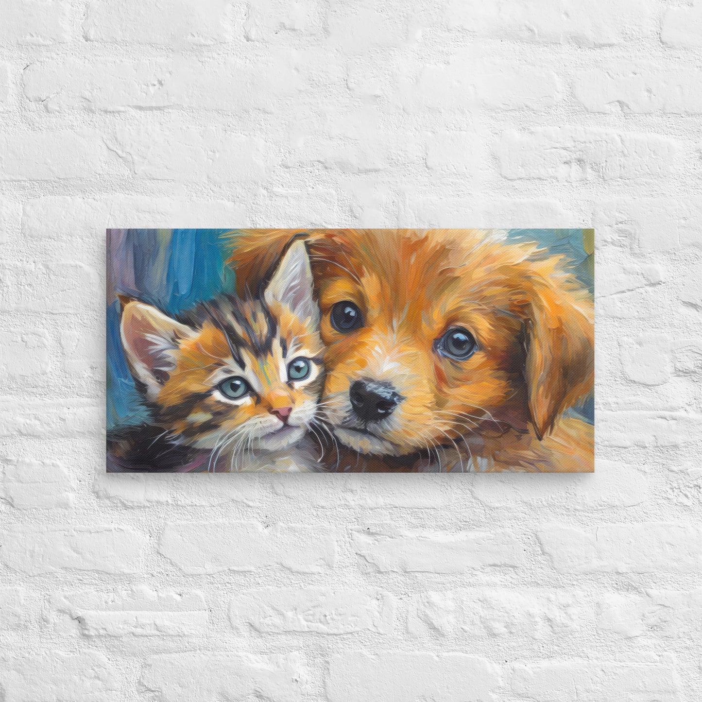 Vibrant Kitten And Puppy Cuddling Oil Painting – Colorful Fine Art Canvas – Perfect Decor Gift For Kids, Pet Lovers, Dog & Cat Enthusiasts