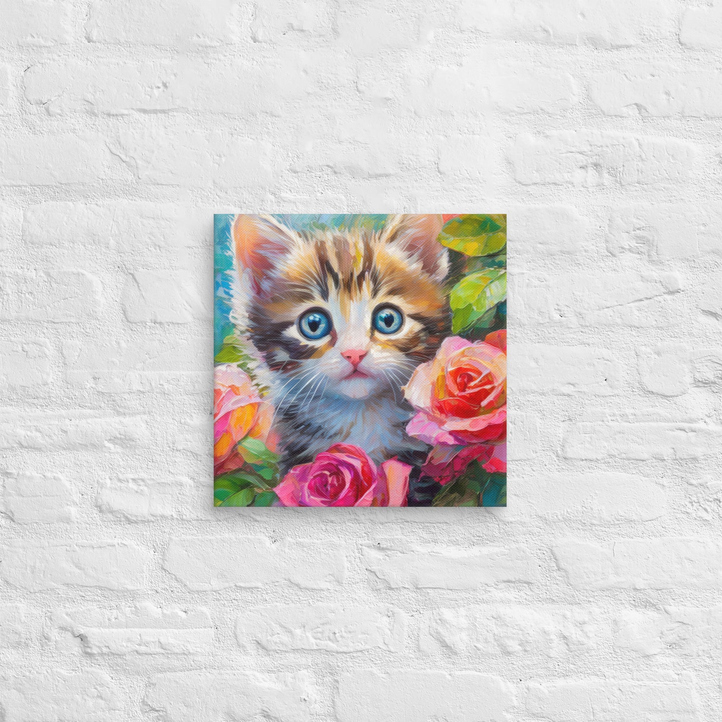Adorable Kitten An Rose Bush Oil Painting Canvas - Perfect For Home, Bedroom, Office Decor & Gift For Kids, Nature, Cat, And Flower Lovers