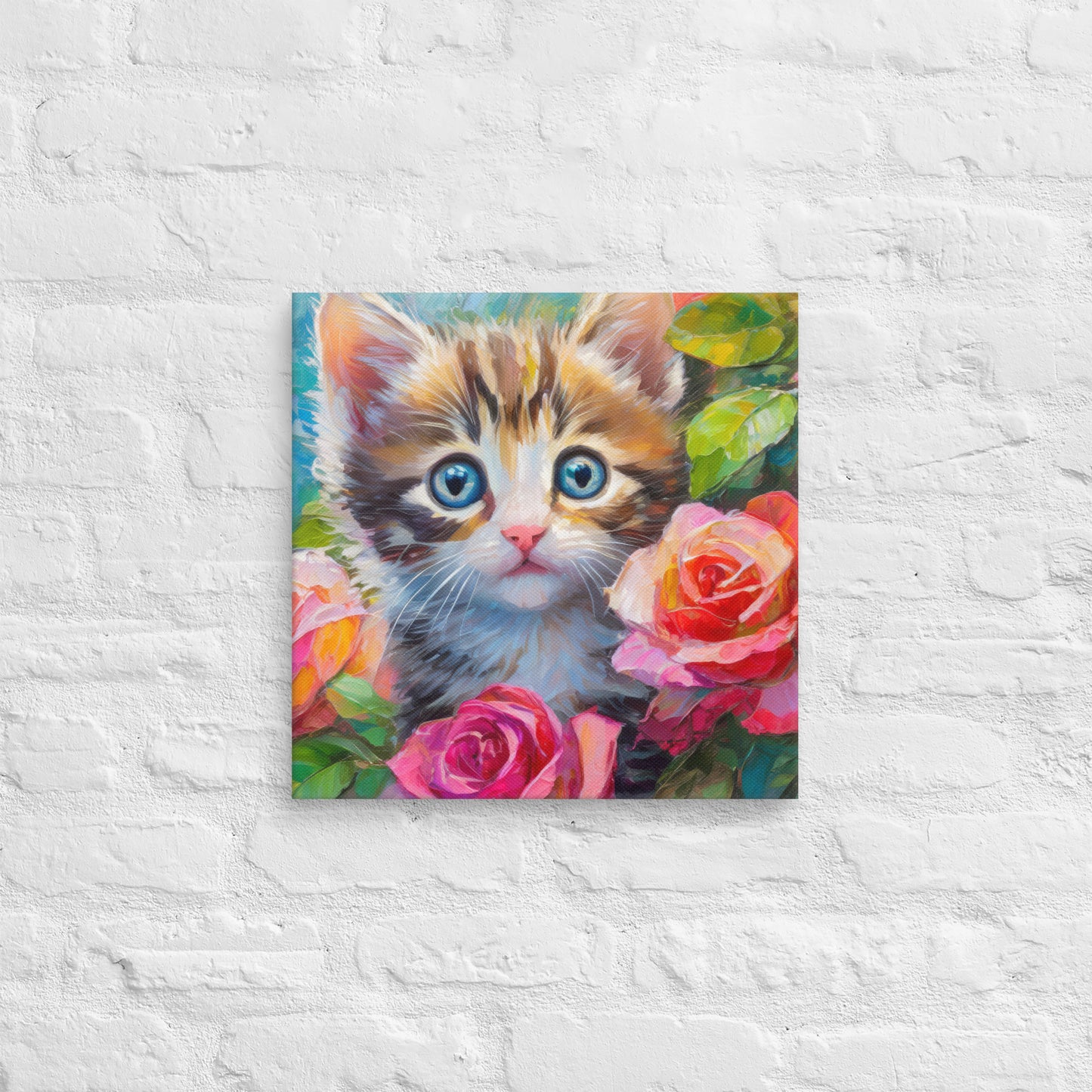 Adorable Kitten An Rose Bush Oil Painting Canvas - Perfect For Home, Bedroom, Office Decor & Gift For Kids, Nature, Cat, And Flower Lovers