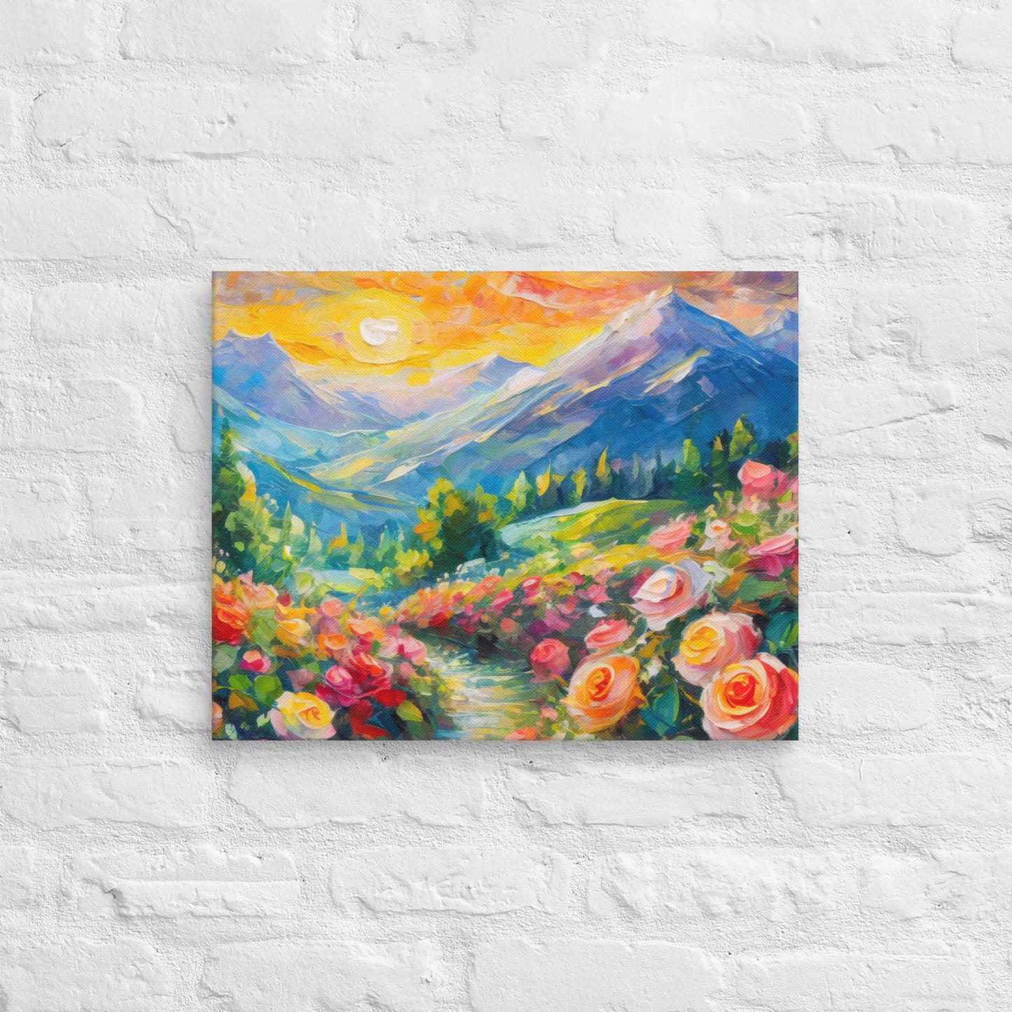 Majestic Mountain Range At Sunset Oil Painting Canvas - Vibrant Roses, Grassy Path, Home & Country Wall Decor - Perfect For Nature Lovers