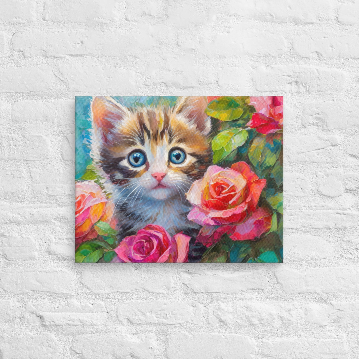 Adorable Kitten An Rose Bush Oil Painting Canvas - Perfect For Home, Bedroom, Office Decor & Gift For Kids, Nature, Cat, And Flower Lovers
