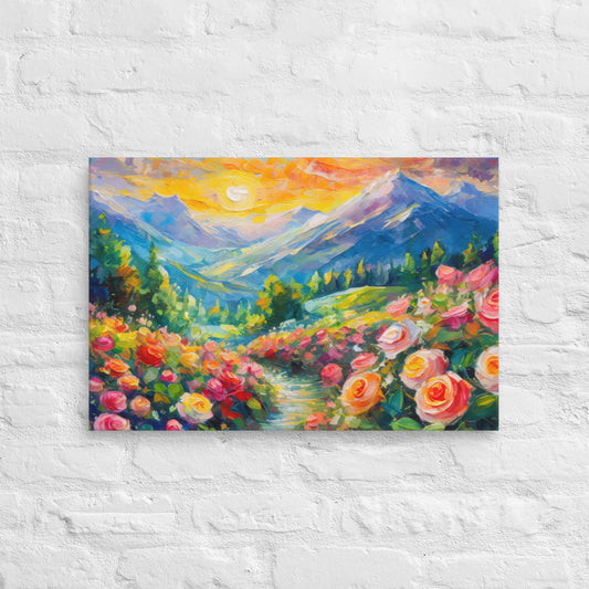 Majestic Mountain Range At Sunset Oil Painting Canvas - Vibrant Roses, Grassy Path, Home & Country Wall Decor - Perfect For Nature Lovers