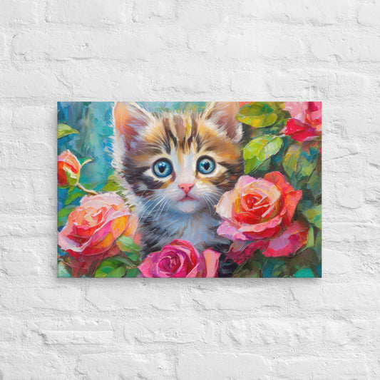 Adorable Kitten An Rose Bush Oil Painting Canvas - Perfect For Home, Bedroom, Office Decor & Gift For Kids, Nature, Cat, And Flower Lovers