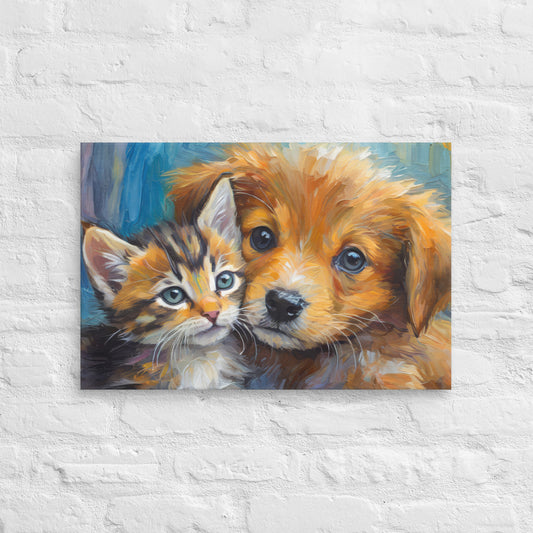 Vibrant Kitten And Puppy Cuddling Oil Painting – Colorful Fine Art Canvas – Perfect Decor Gift For Kids, Pet Lovers, Dog & Cat Enthusiasts