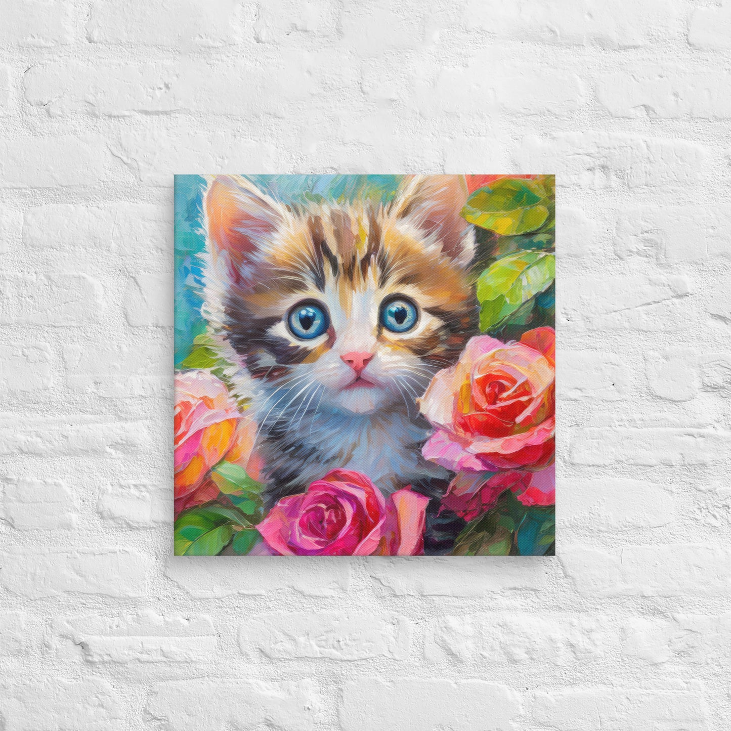 Adorable Kitten An Rose Bush Oil Painting Canvas - Perfect For Home, Bedroom, Office Decor & Gift For Kids, Nature, Cat, And Flower Lovers
