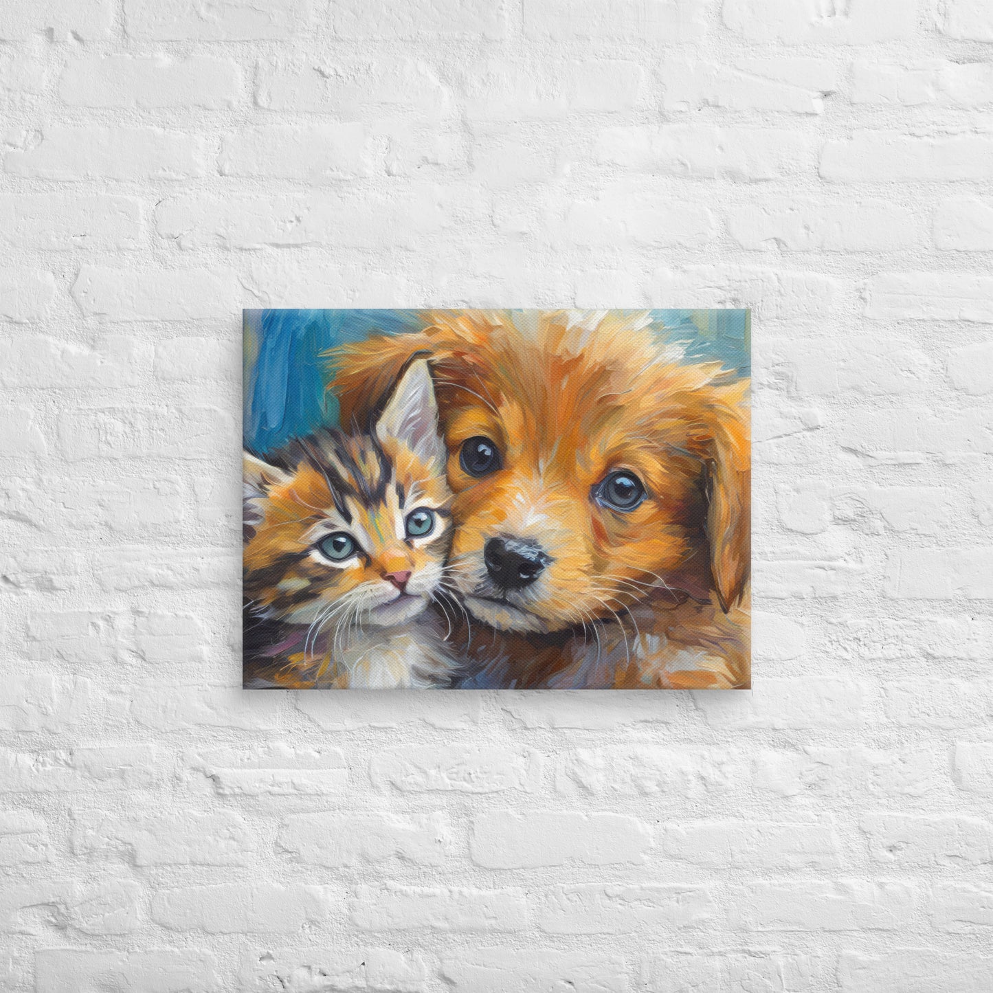 Vibrant Kitten And Puppy Cuddling Oil Painting – Colorful Fine Art Canvas – Perfect Decor Gift For Kids, Pet Lovers, Dog & Cat Enthusiasts
