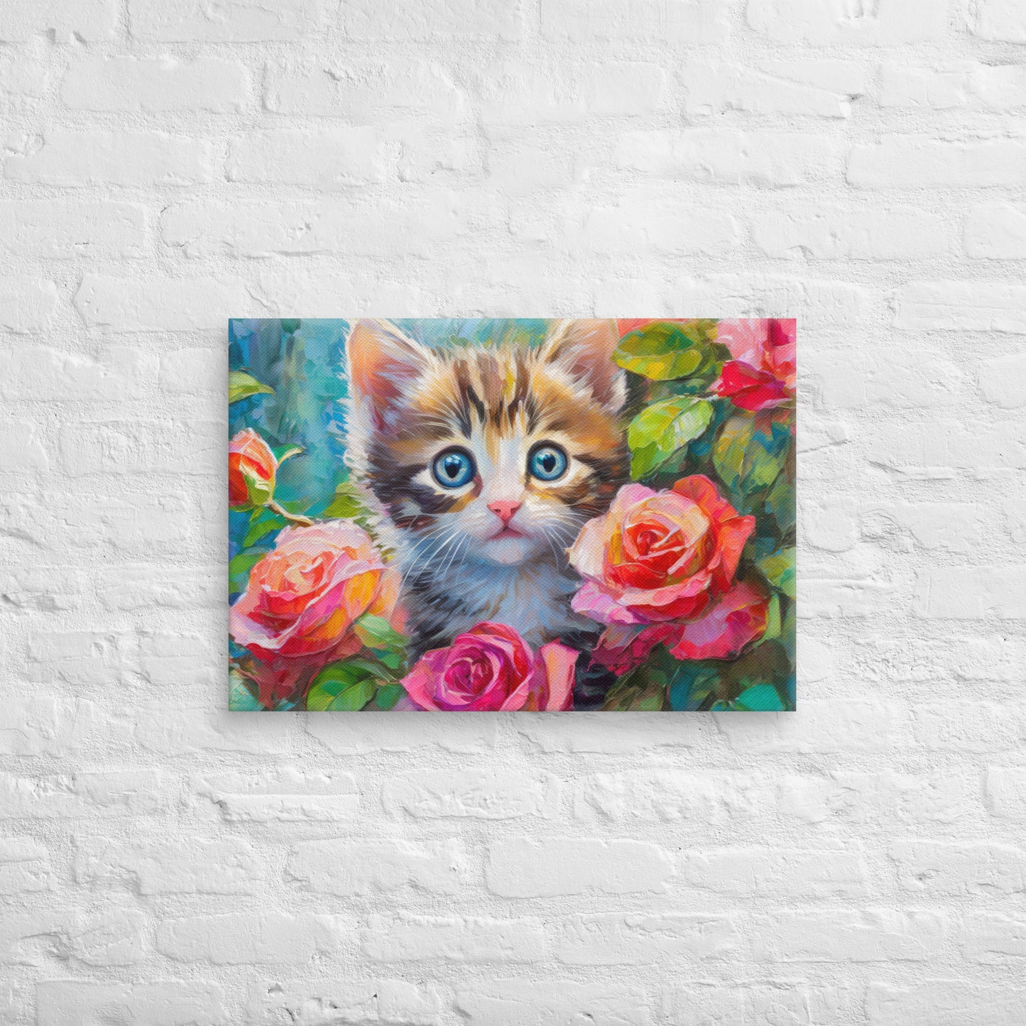 Adorable Kitten An Rose Bush Oil Painting Canvas - Perfect For Home, Bedroom, Office Decor & Gift For Kids, Nature, Cat, And Flower Lovers