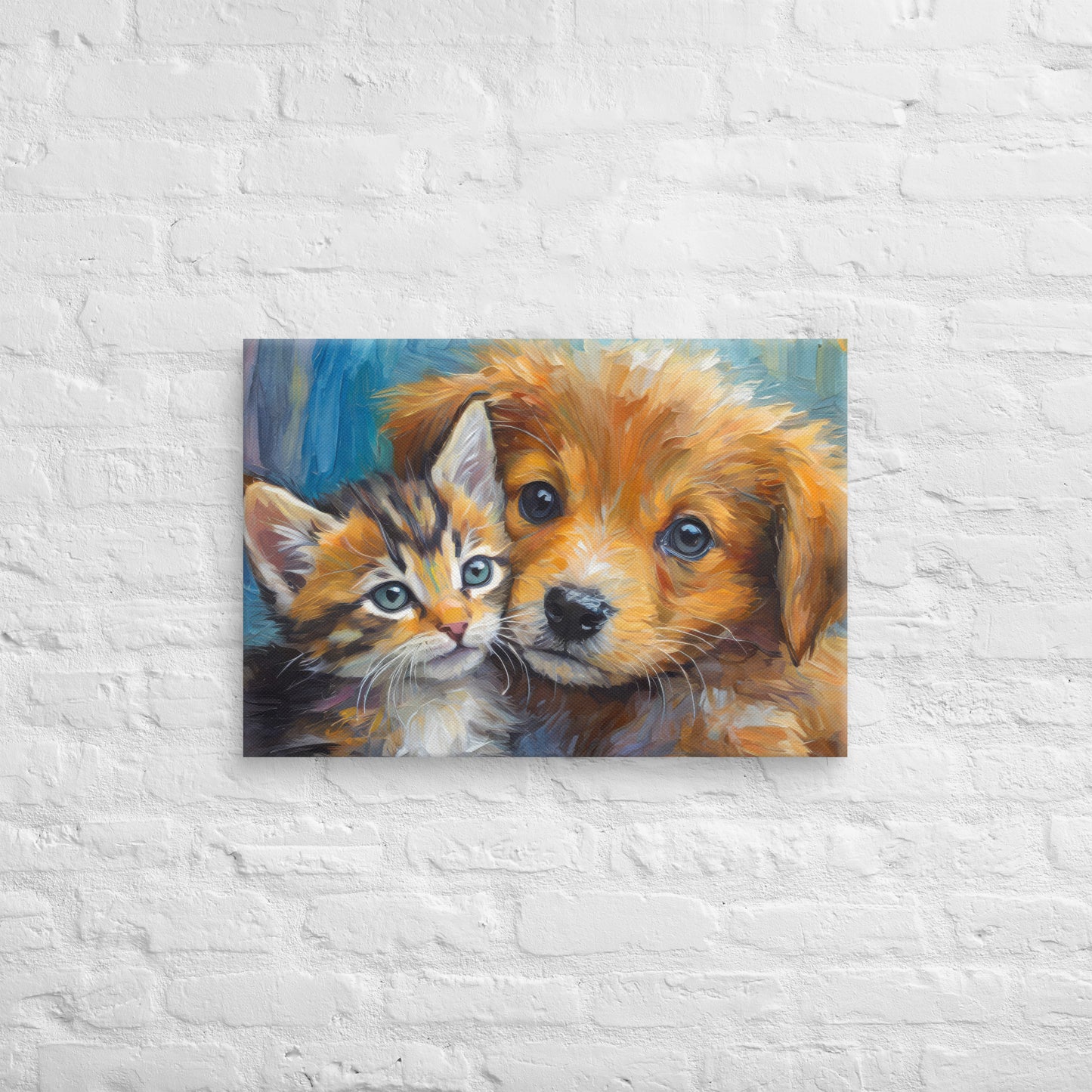 Vibrant Kitten And Puppy Cuddling Oil Painting – Colorful Fine Art Canvas – Perfect Decor Gift For Kids, Pet Lovers, Dog & Cat Enthusiasts
