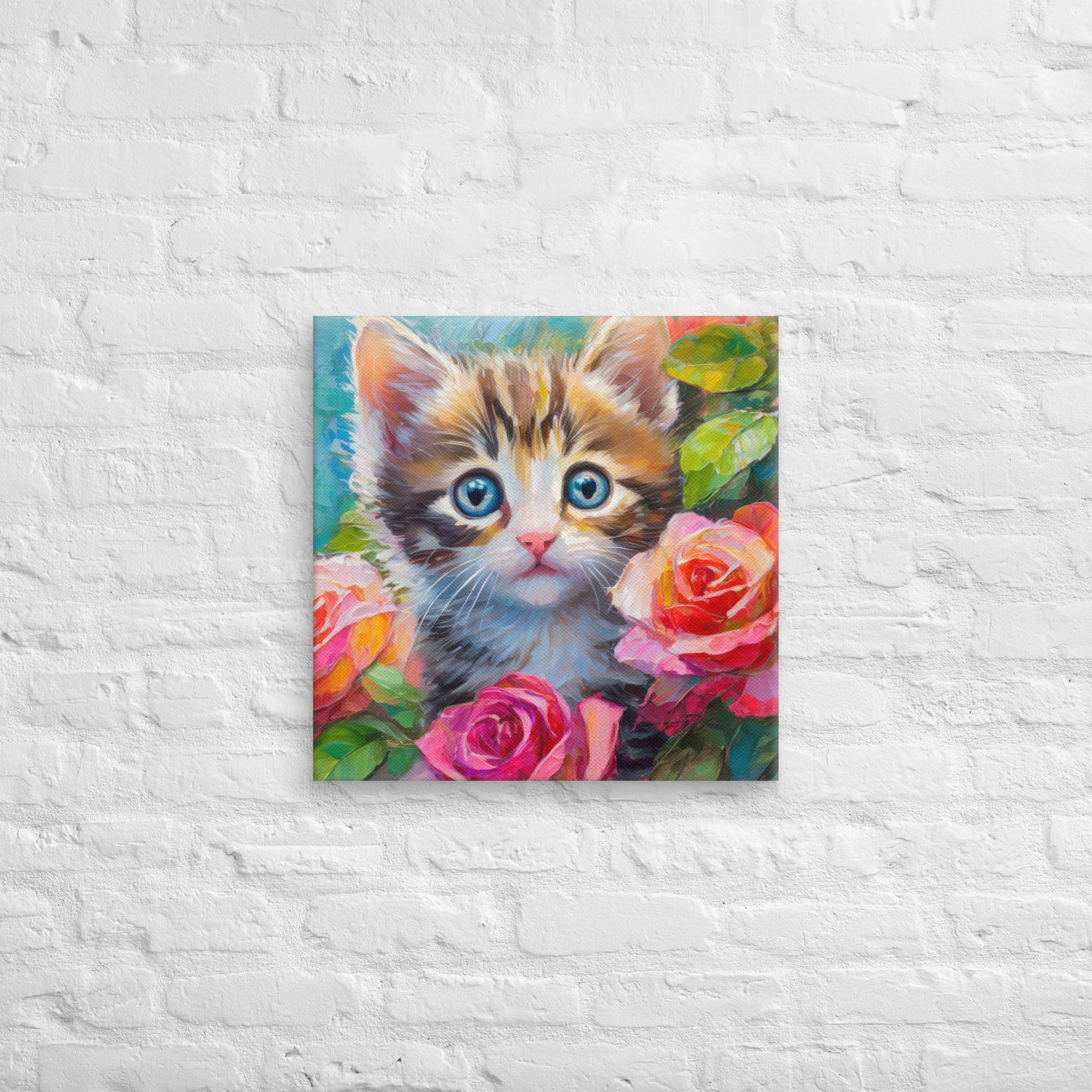 Adorable Kitten An Rose Bush Oil Painting Canvas - Perfect For Home, Bedroom, Office Decor & Gift For Kids, Nature, Cat, And Flower Lovers