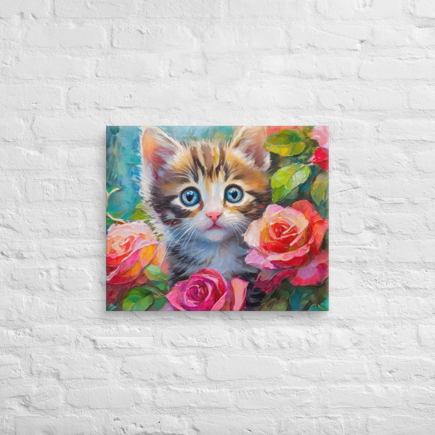 Adorable Kitten An Rose Bush Oil Painting Canvas - Perfect For Home, Bedroom, Office Decor & Gift For Kids, Nature, Cat, And Flower Lovers