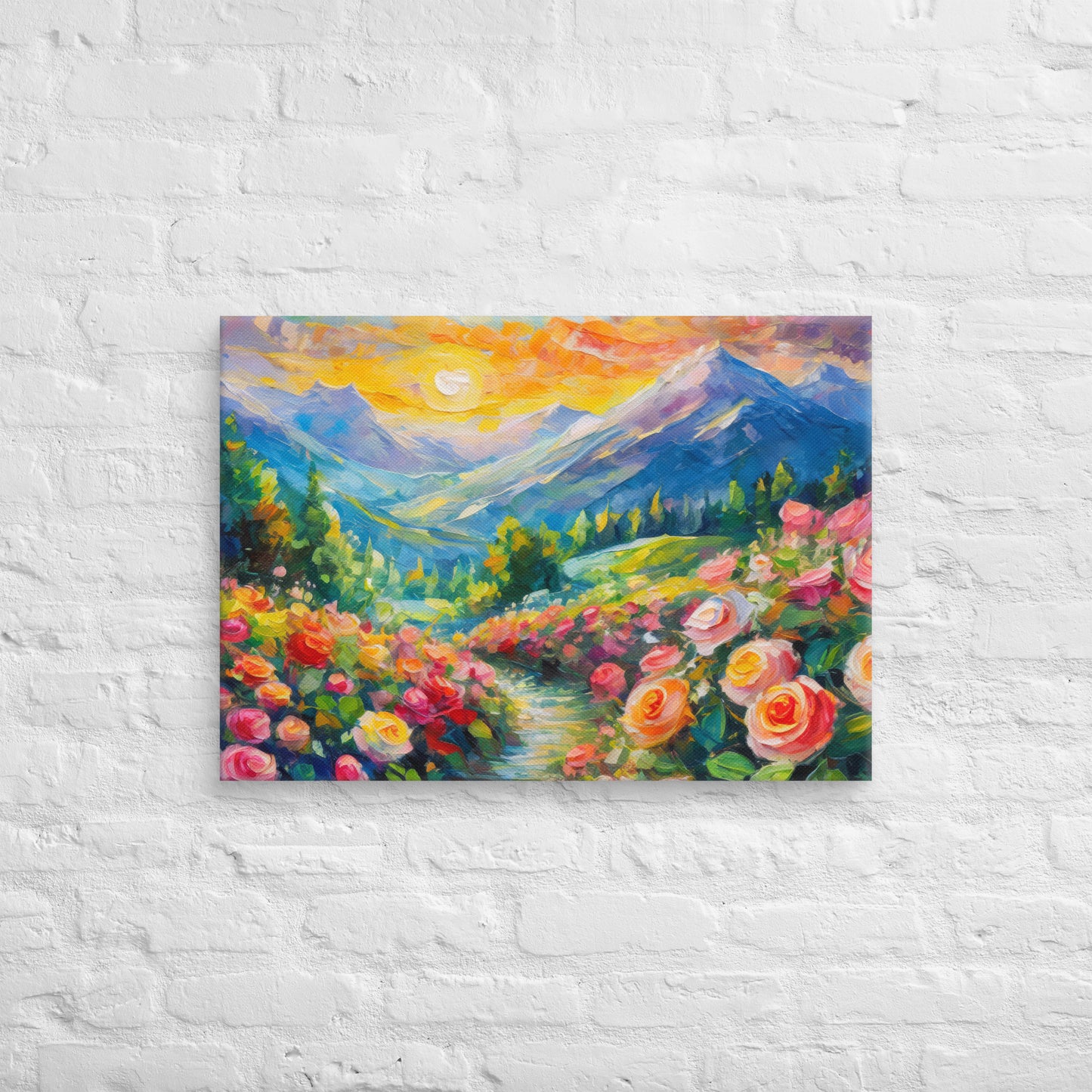 Majestic Mountain Range At Sunset Oil Painting Canvas - Vibrant Roses, Grassy Path, Home & Country Wall Decor - Perfect For Nature Lovers