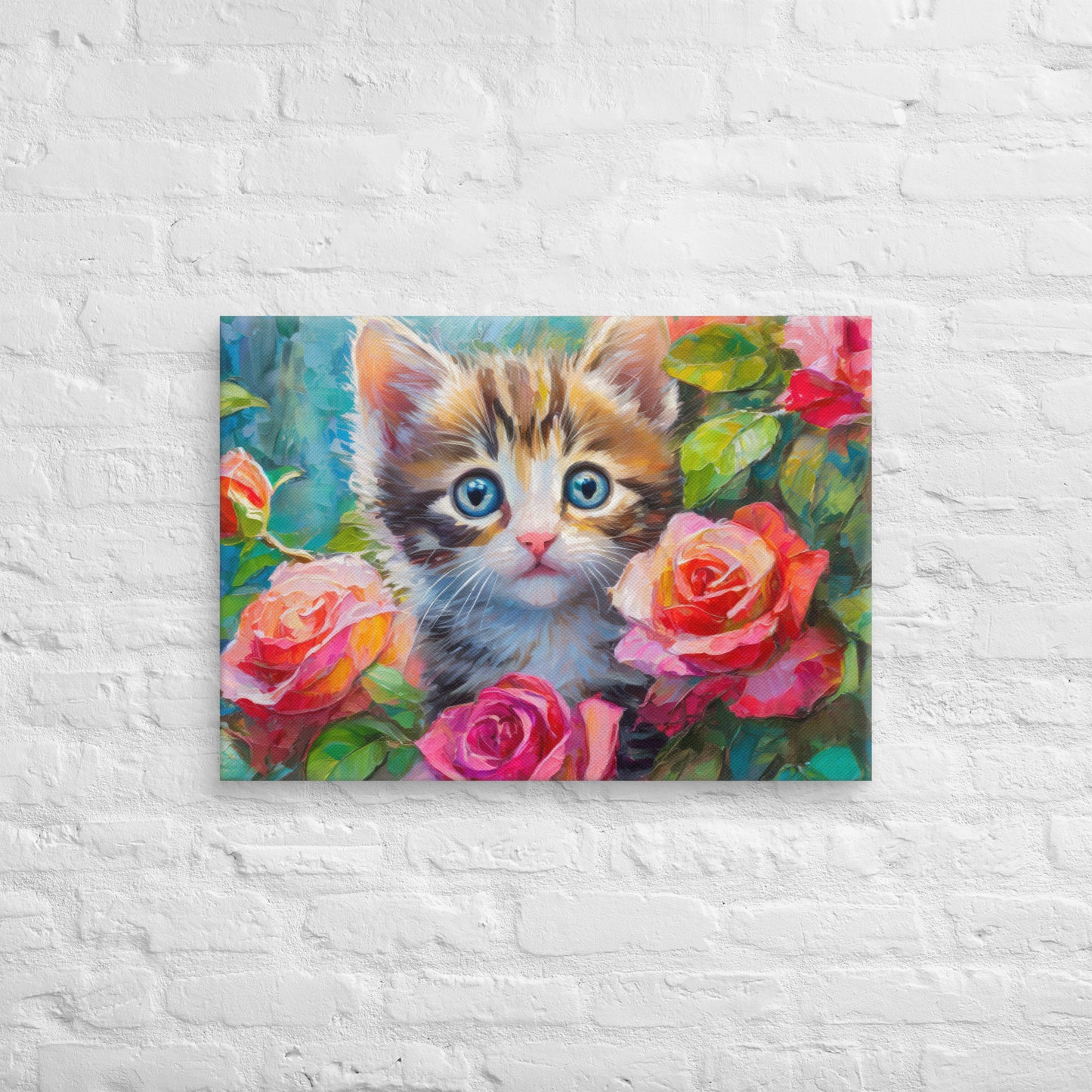 Adorable Kitten An Rose Bush Oil Painting Canvas - Perfect For Home, Bedroom, Office Decor & Gift For Kids, Nature, Cat, And Flower Lovers