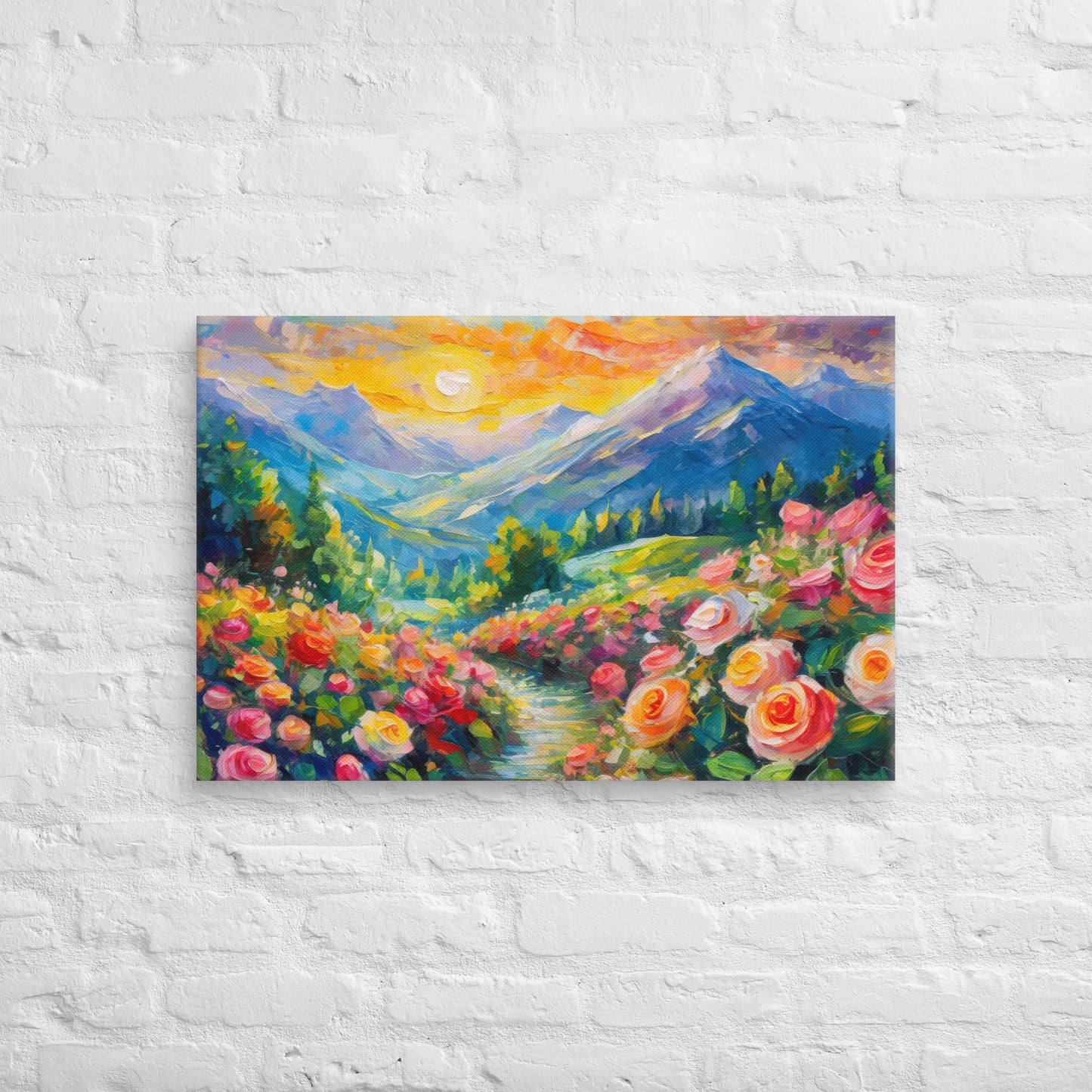 Majestic Mountain Range At Sunset Oil Painting Canvas - Vibrant Roses, Grassy Path, Home & Country Wall Decor - Perfect For Nature Lovers