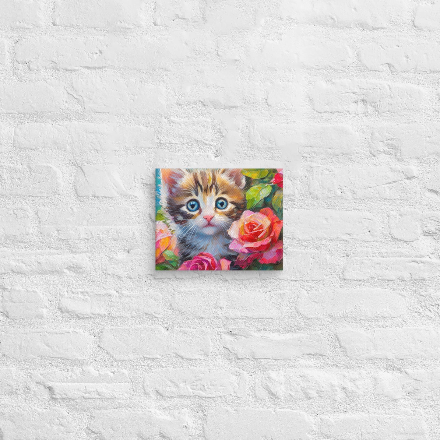 Adorable Kitten An Rose Bush Oil Painting Canvas - Perfect For Home, Bedroom, Office Decor & Gift For Kids, Nature, Cat, And Flower Lovers