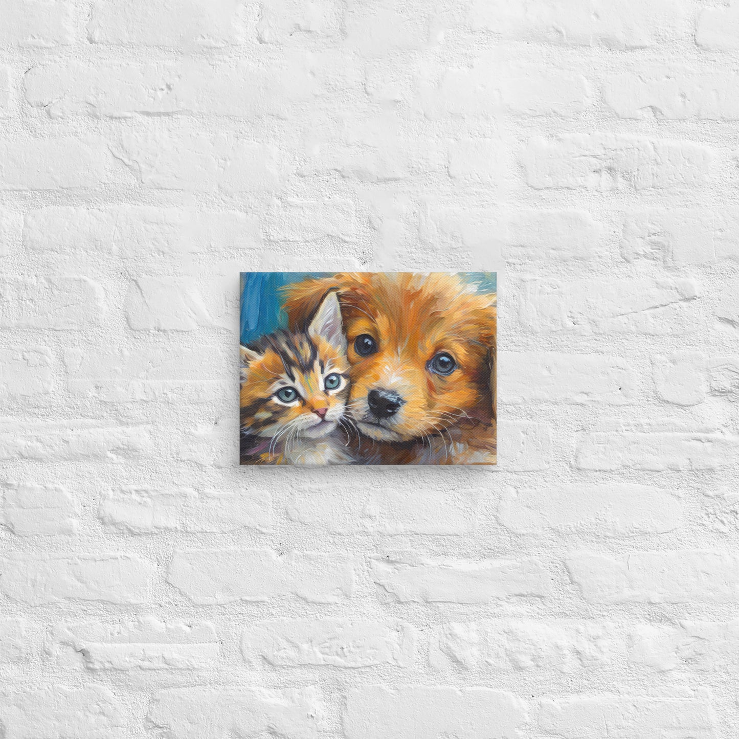 Vibrant Kitten And Puppy Cuddling Oil Painting – Colorful Fine Art Canvas – Perfect Decor Gift For Kids, Pet Lovers, Dog & Cat Enthusiasts