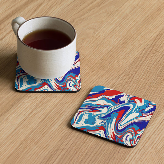 Vibrant Red, White & Blue Flow Painting Cork-Back Drink Coaster - Elegant Abstract And Modern Art Décor for Home, Kitchen, Cafe And Office