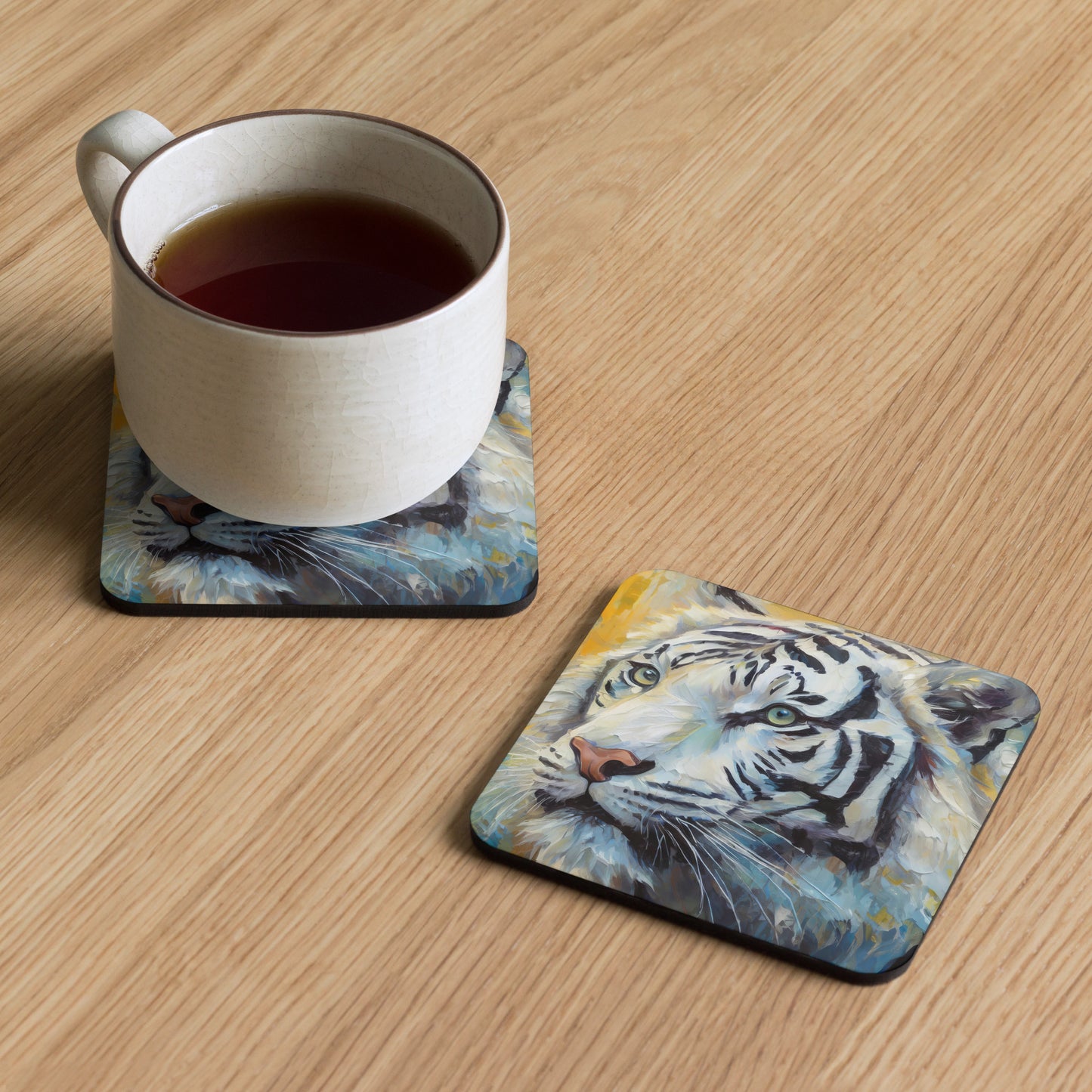 Majestic White Tiger Oil Painting Cork-Back Drink Coaster -  Stylish, Fine Art For Nature & Wildlife Lovers, Home And Cafe Table Décor
