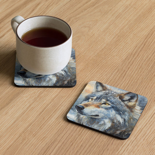 Beautiful Grey Wolf Cork-Back Drink Coaster - Vibrant Oil Painting, Winter Landscape, Perfect Gift For Nature & Wildlife Lovers - Home Decor