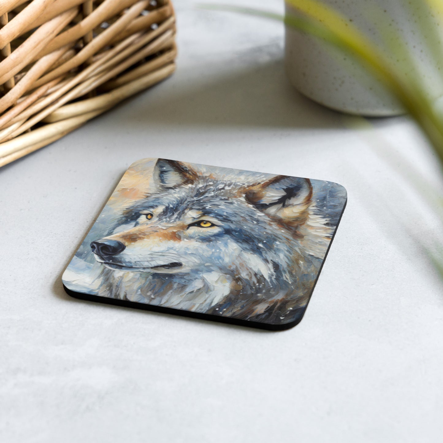 Beautiful Grey Wolf Cork-Back Drink Coaster - Vibrant Oil Painting, Winter Landscape, Perfect Gift For Nature & Wildlife Lovers - Home Decor
