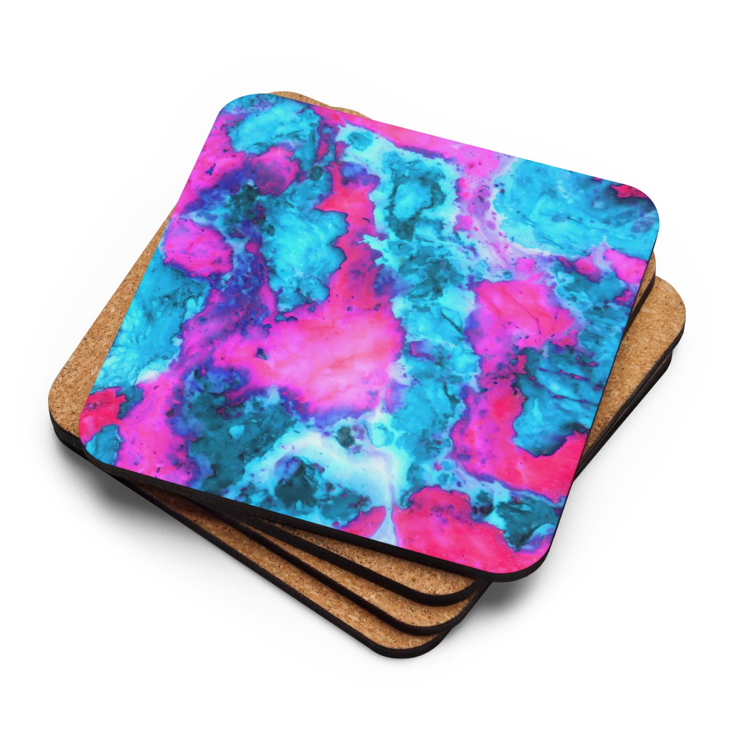 Vibrant Marble Abstract Cork Back Drink Coaster - Magenta & Cyan Art - Stylish & Durable - Perfect for Art Lovers