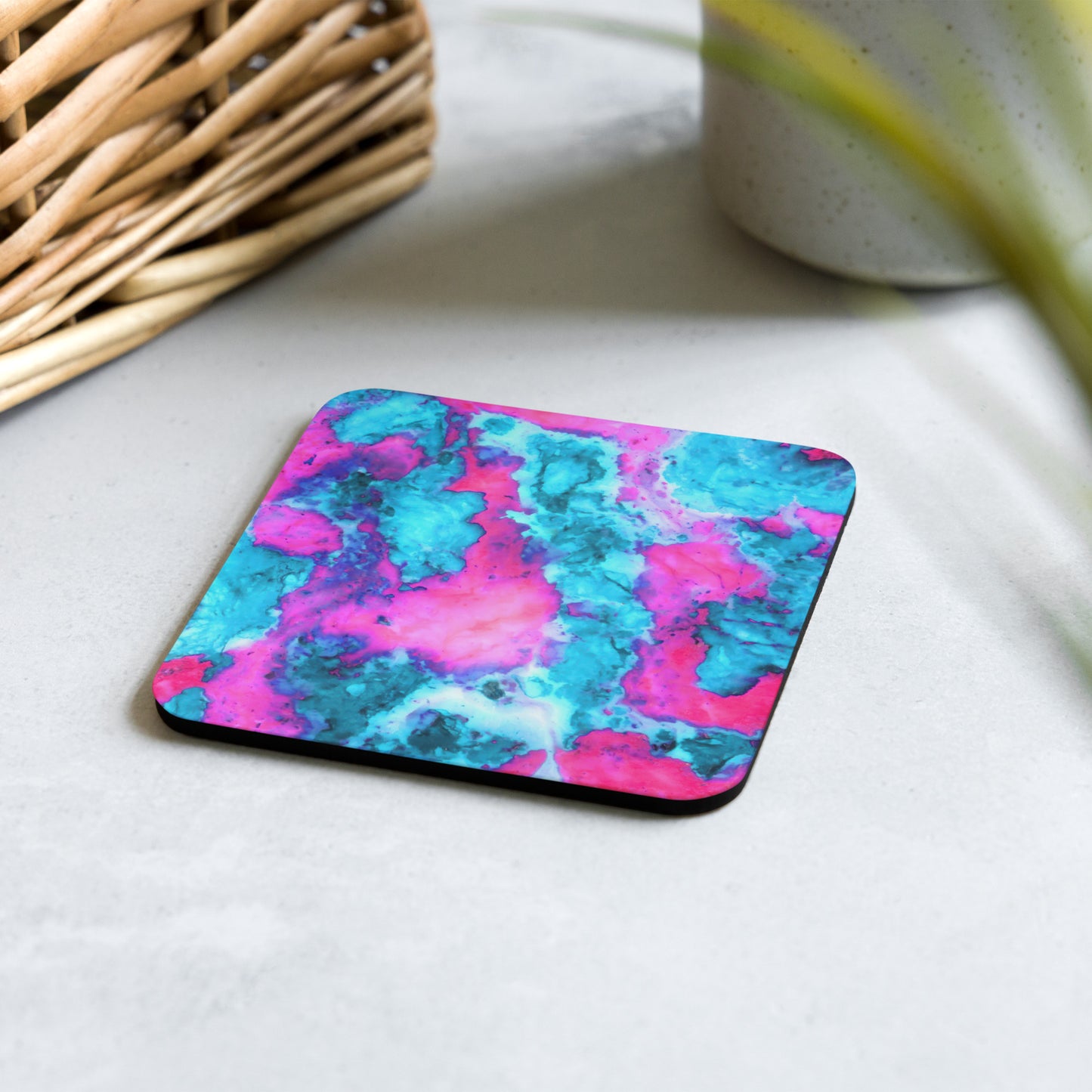 Vibrant Marble Abstract Cork Back Drink Coaster - Magenta & Cyan Art - Stylish & Durable - Perfect for Art Lovers