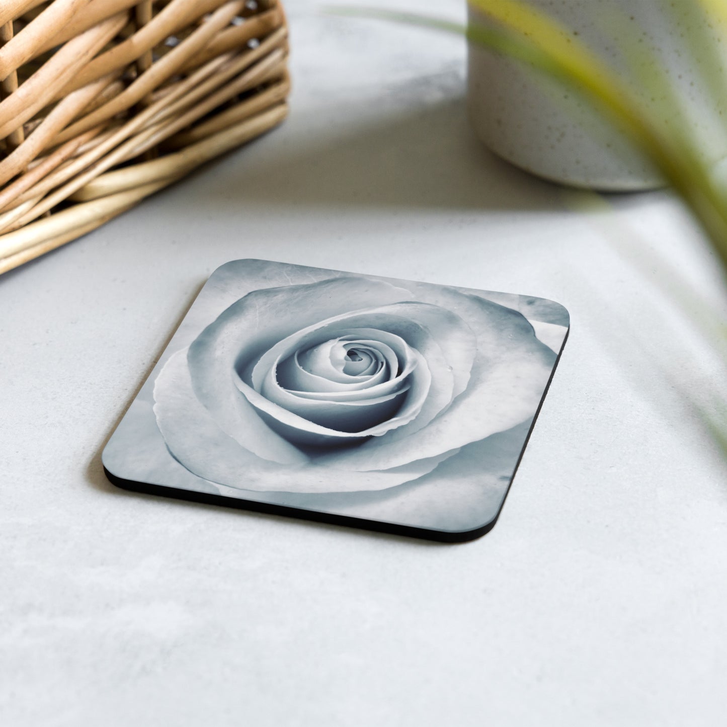 Elegant White Rose Macro Photograph On Fine Art Cork Back Drink Coaster - Perfect Gift For Contemporary Art, Nature, Flower &amp; B&amp;W Photography Lovers