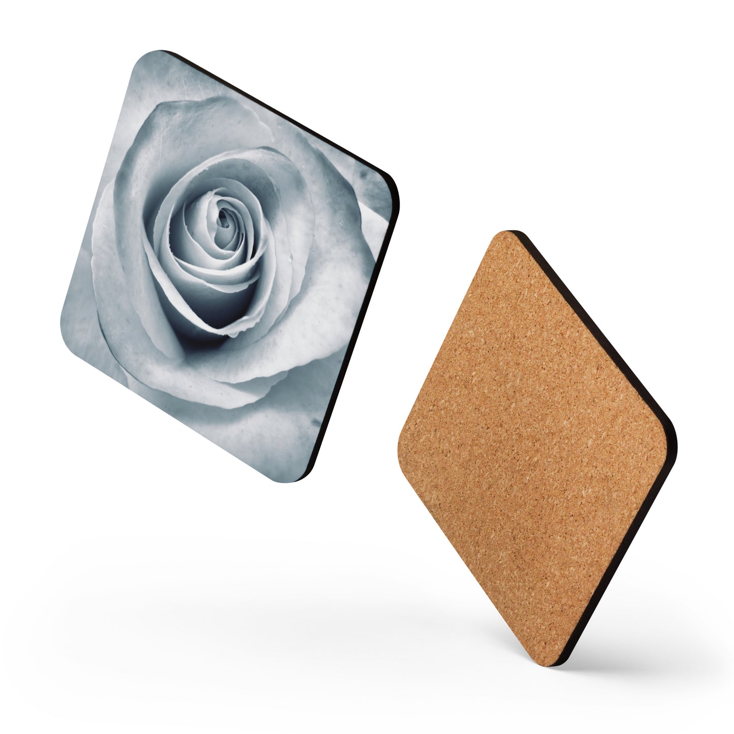 Elegant White Rose Macro Photograph On Fine Art Cork Back Drink Coaster - Perfect Gift For Contemporary Art, Nature, Flower &amp; B&amp;W Photography Lovers