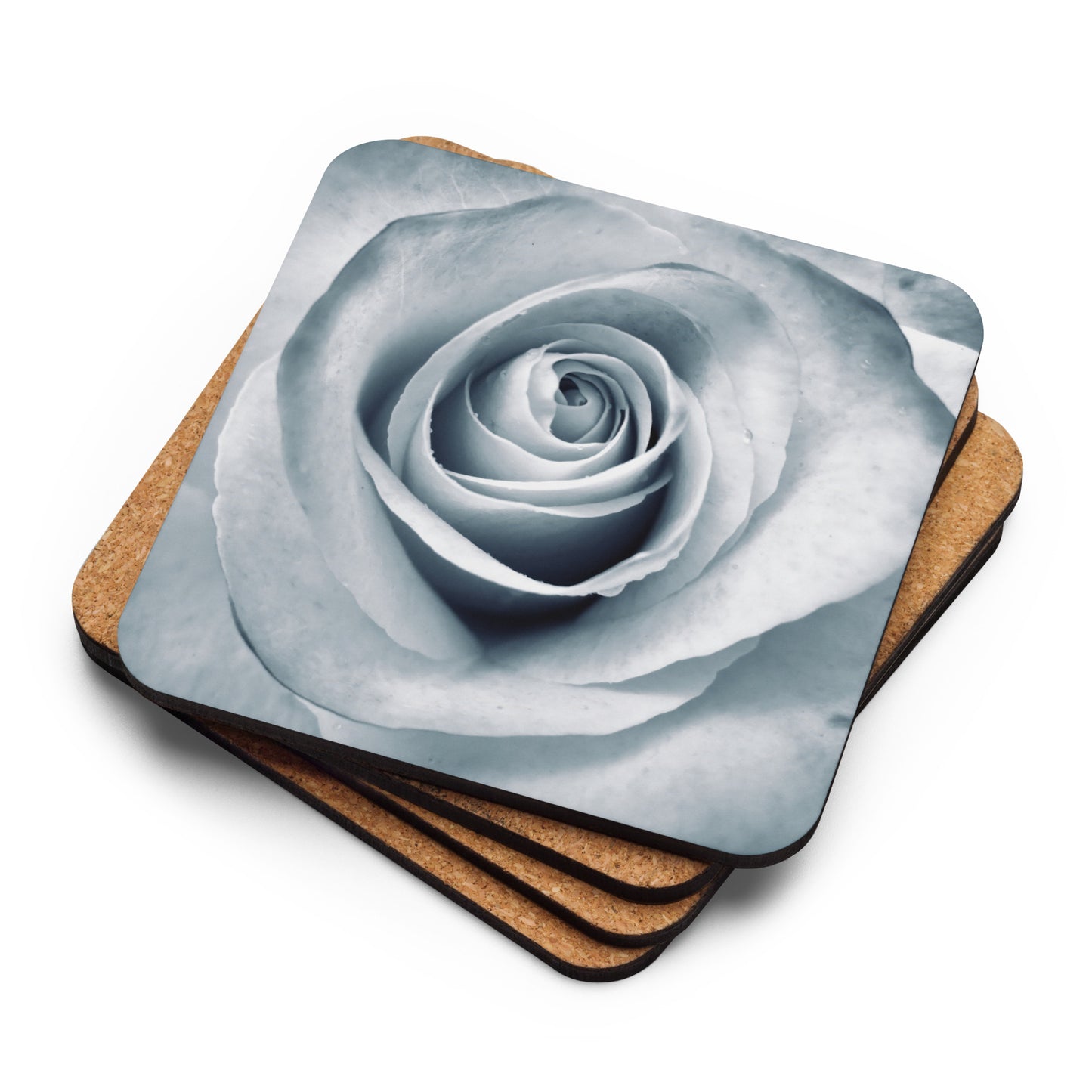Elegant White Rose Macro Photograph On Fine Art Cork Back Drink Coaster - Perfect Gift For Contemporary Art, Nature, Flower &amp; B&amp;W Photography Lovers