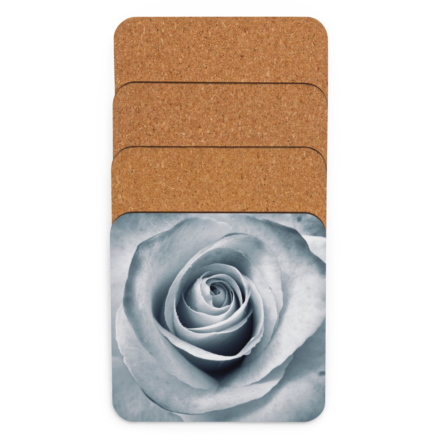 Elegant White Rose Macro Photograph On Fine Art Cork Back Drink Coaster - Perfect Gift For Contemporary Art, Nature, Flower &amp; B&amp;W Photography Lovers