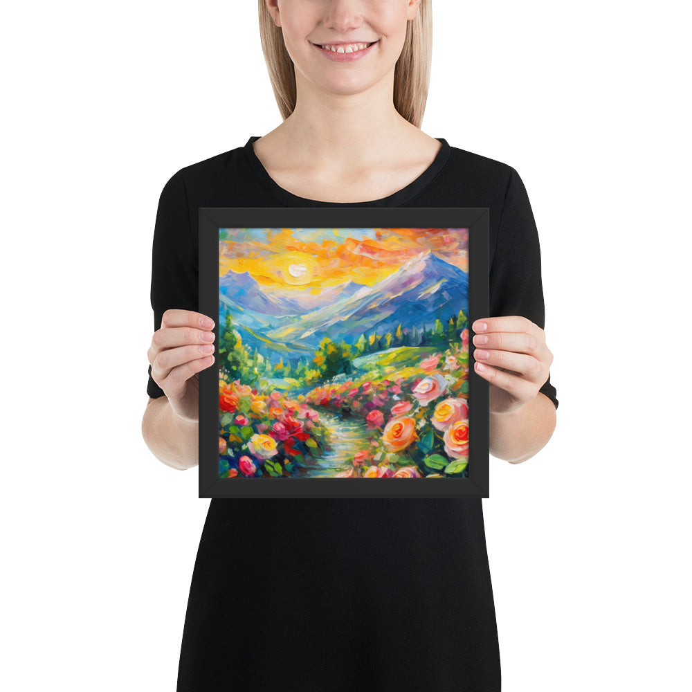 mountains, flowers, roses, sunset, clouds, landscape, scenic, colors, colorful,