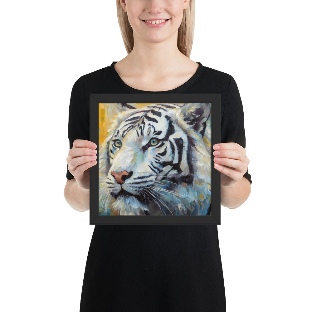 Majestic White Tiger Oil Painting Framed Poster Print - Vibrant, Stylish, Art Gift for Nature &amp; Wildlife Lovers, Home And Office Wall Décor