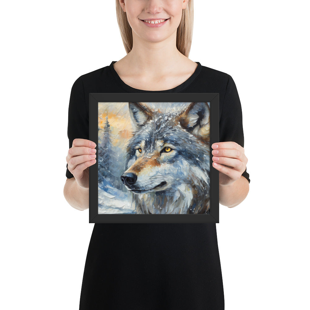 Beautiful Grey Wolf Framed Fine Art Poster Print - Vibrant Oil Painting, Winter Landscape, Perfect Gift For Nature, Winter &amp; Wildlife Lovers